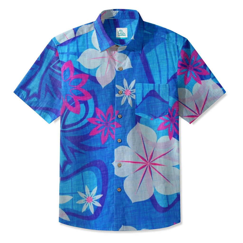 LeosWare® Men's Hawaiian Shirt Short Sleeve Button-up Breathable & Quick-Dry Aloha Tropical Blue