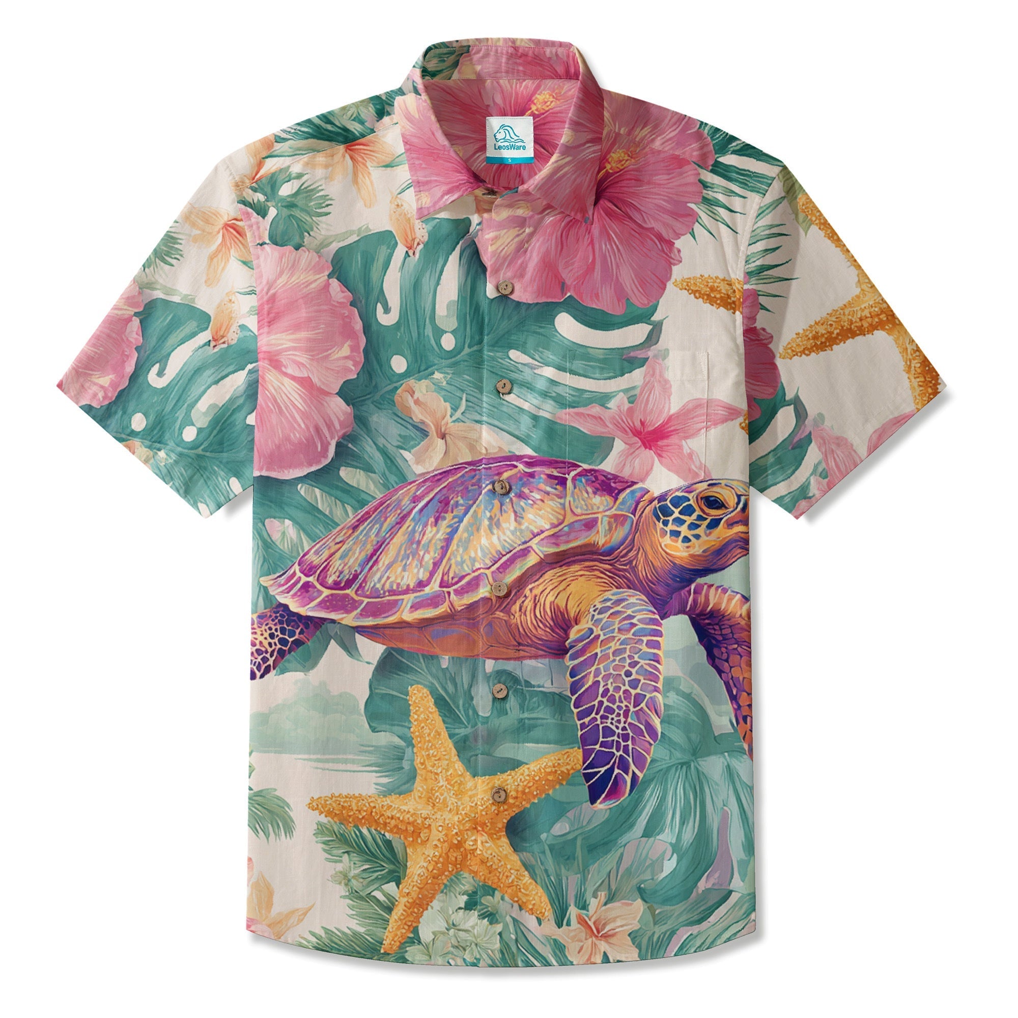 LeosWare® Men's Hawaiian Shirt Short Sleeve Button-up Breathable & Quick-Dry Aloha Tropical Turtle