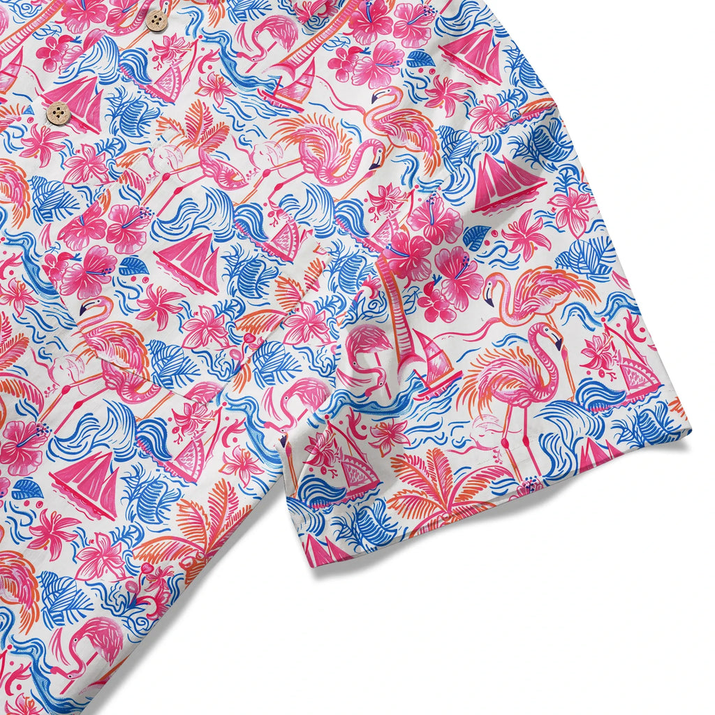 LeosWare® Men's Hawaiian Shirt Short Sleeve Button-up 100% Cotton Aloha Tropical Fire Bay
