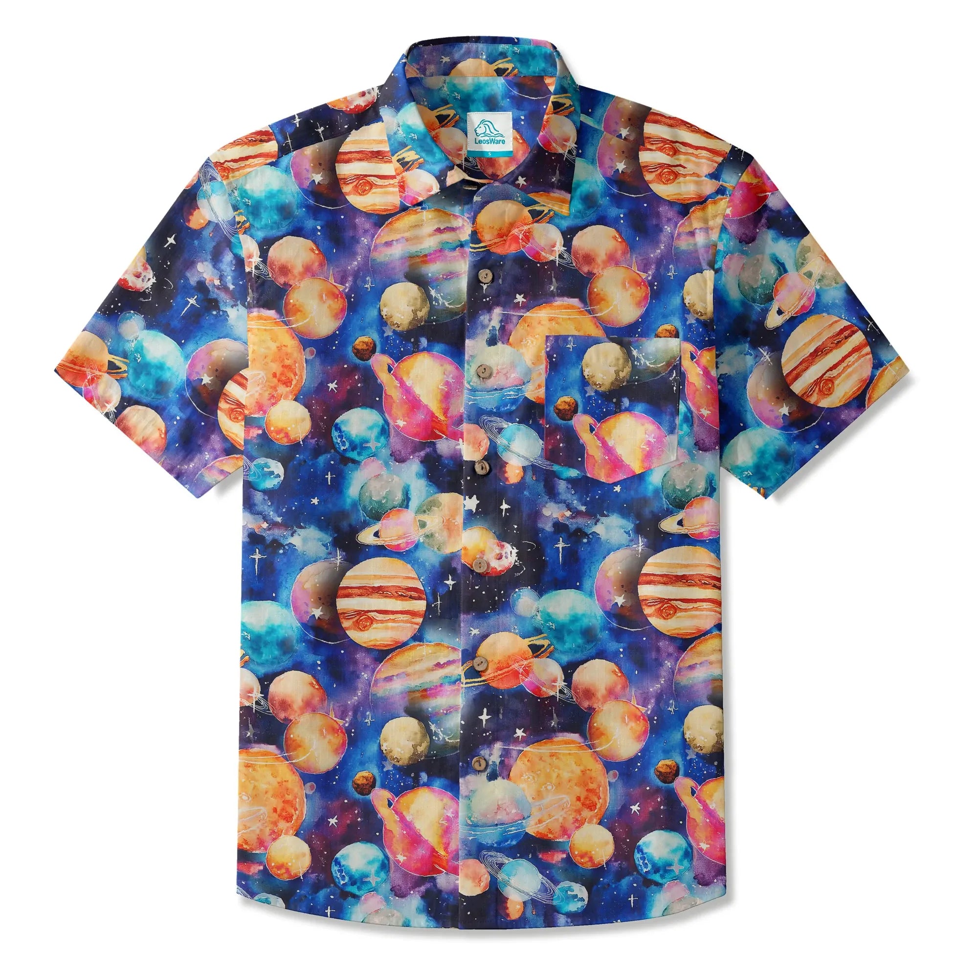 LeosWare® Men's Hawaiian Shirt Short Sleeve Button-up 100% Cotton Blue Aloha Watercolor Star Dream