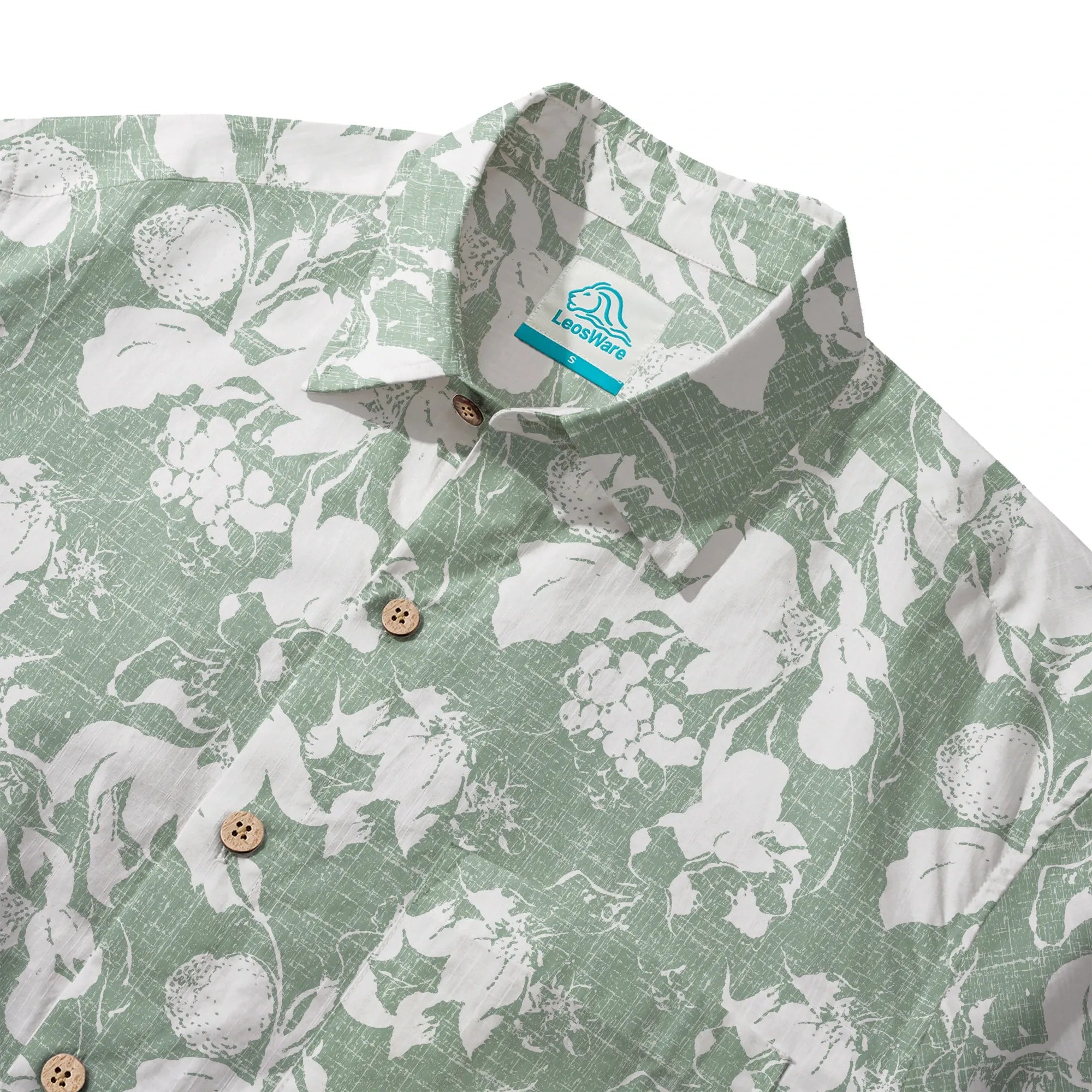 LeosWare® Flower Men's Hawaiian Shirt Short Sleeve Button-up 100% Cotton Green Aloha Verdant Memoirs