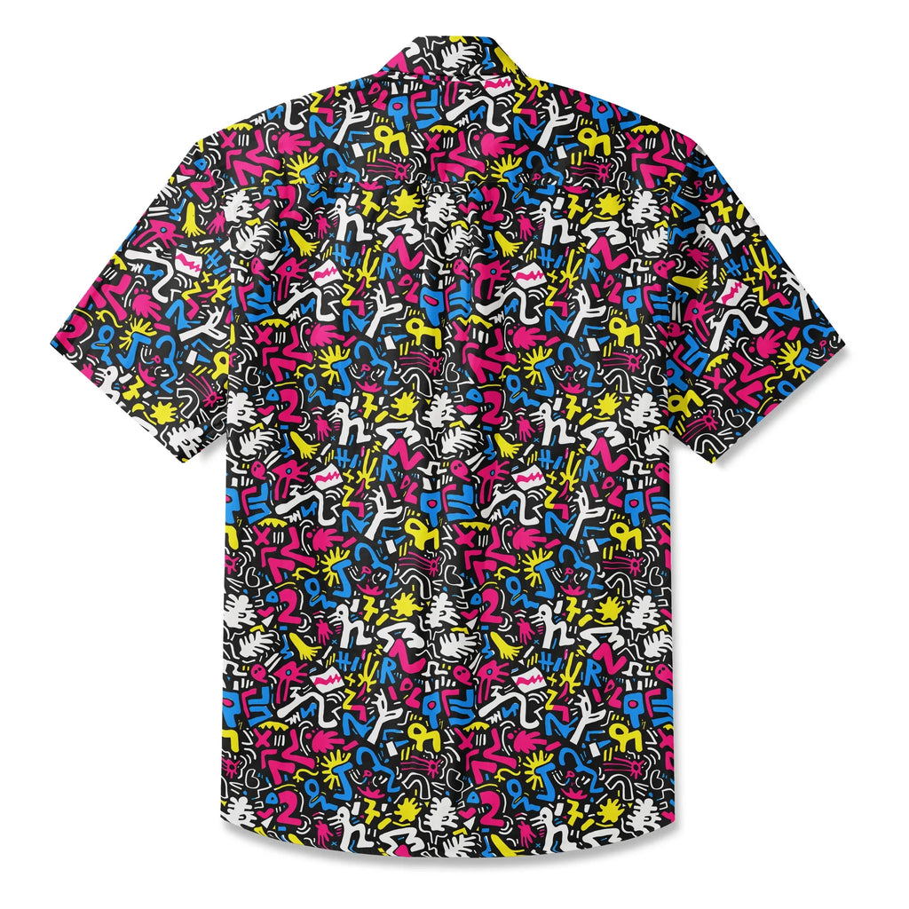 LeosWare® Men's Hawaiian Shirt Short Sleeve Button-up 100% Cotton Black Aloha Graffiti Fun