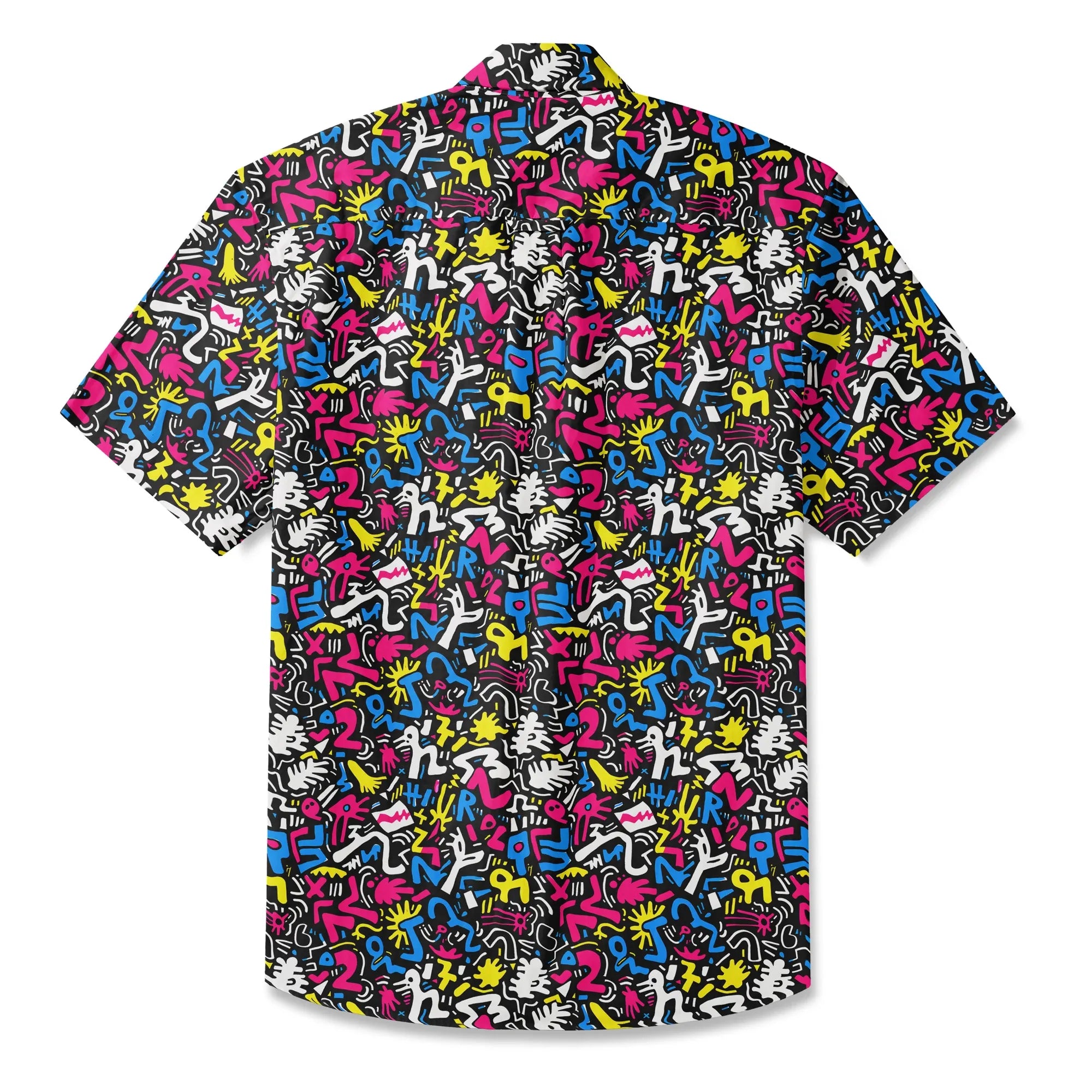 LeosWare® Men's Hawaiian Shirt Short Sleeve Button-up 100% Cotton Black Aloha Graffiti Fun