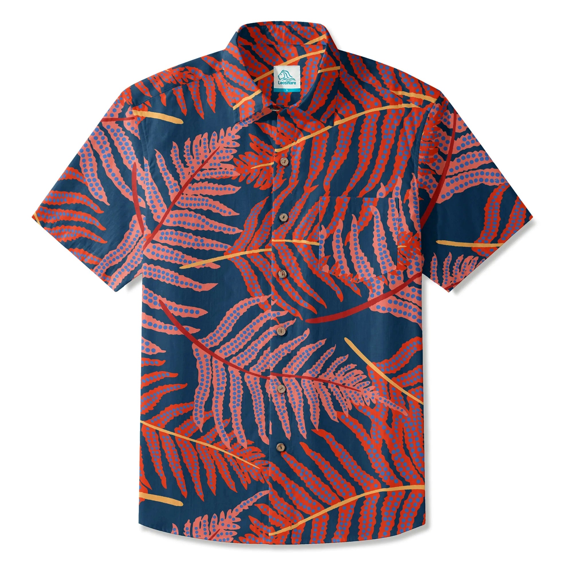 LeosWare® Plant Men's Hawaiian Shirt Short Sleeve Button-up 100% Cotton Blue Aloha Red Fern Night Shadows
