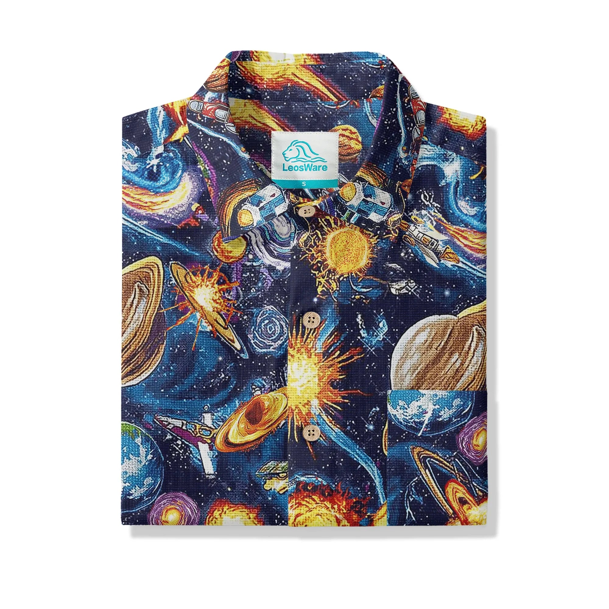 LeosWare® Men's Hawaiian Shirt Short Sleeve Button-up 100% Cotton Blue Aloha Journey Across The Stars