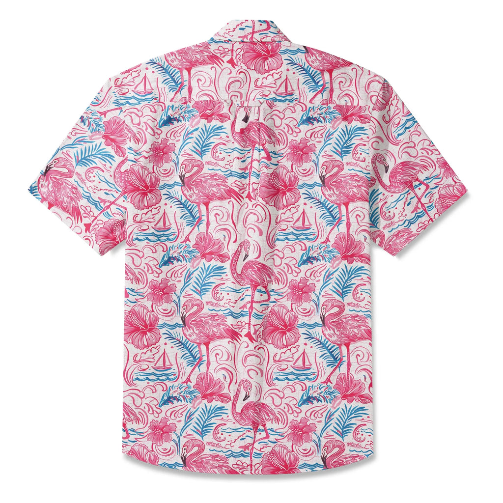 Flamingo LeosWare® Men's Hawaiian Shirt Short Sleeve Button-up 100% Cotton Aloha Coastal Whisked Powder
