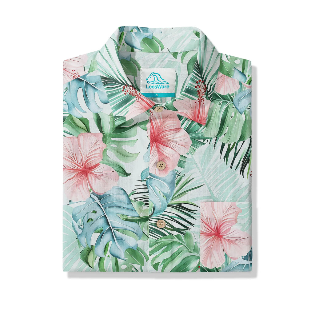 LeosWare® Men's Hawaiian Shirt Short Sleeve Button-up 100% Cotton Green Aloha Powdered Hibiscus Grove