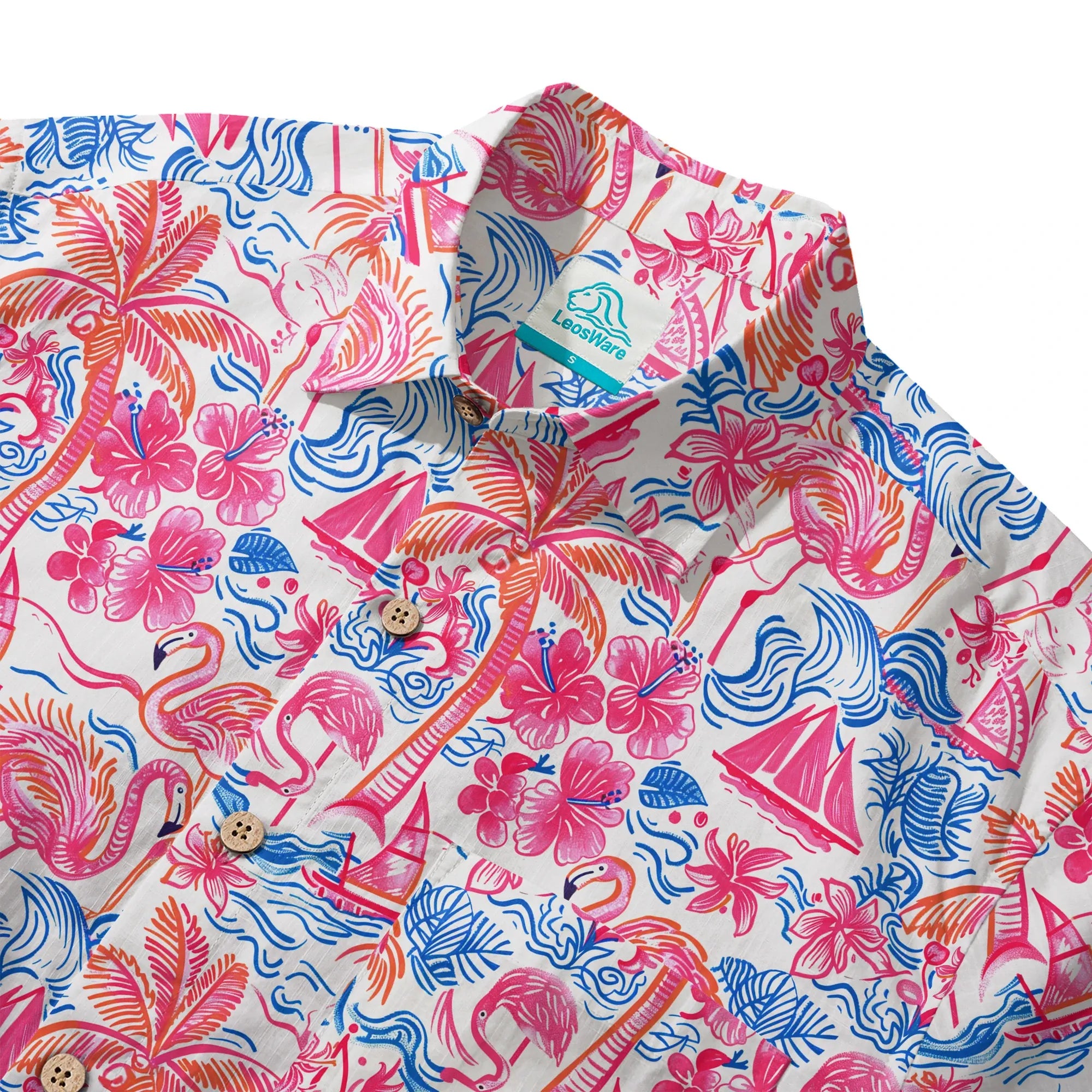 LeosWare® Men's Hawaiian Shirt Short Sleeve Button-up 100% Cotton Aloha Tropical Fire Bay