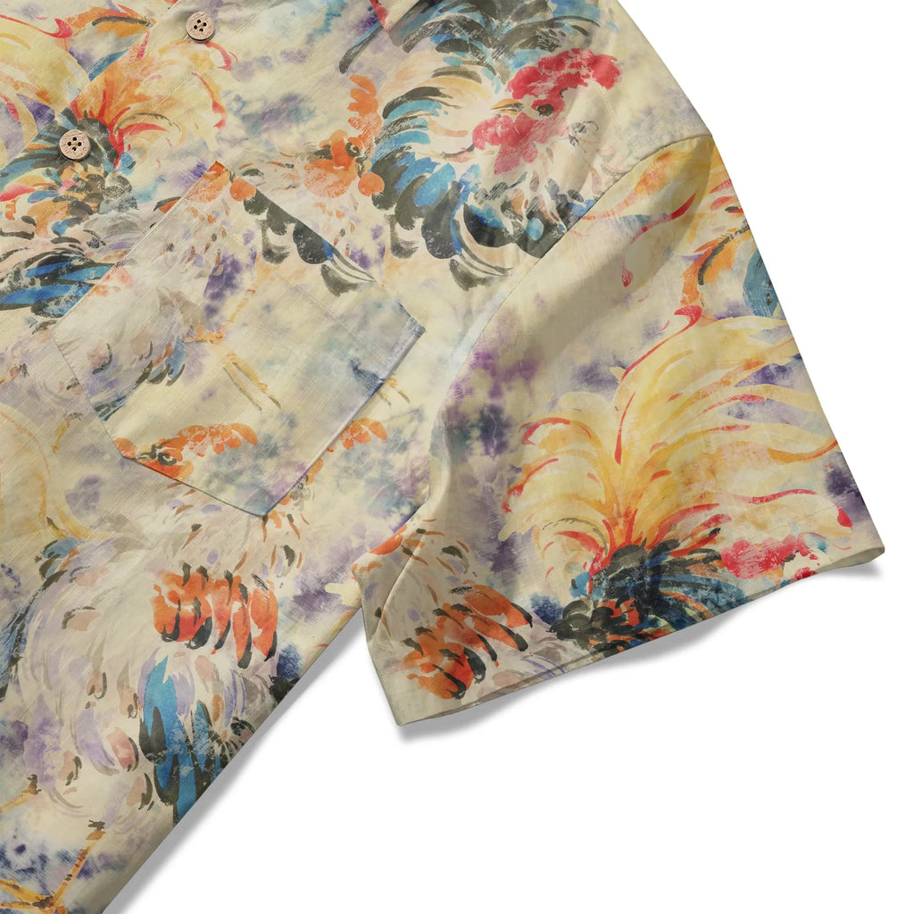 LeosWare® Men's Hawaiian Shirt Short Sleeve Button-up 100% Cotton Orange Aloha Enchanting Rooster