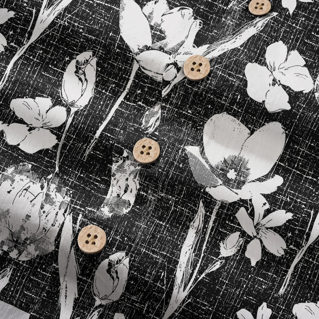LeosWare® Flower Men's Hawaiian Shirt Short Sleeve Button-up 100% Cotton Black Aloha Ink Strokes And Flower Traces