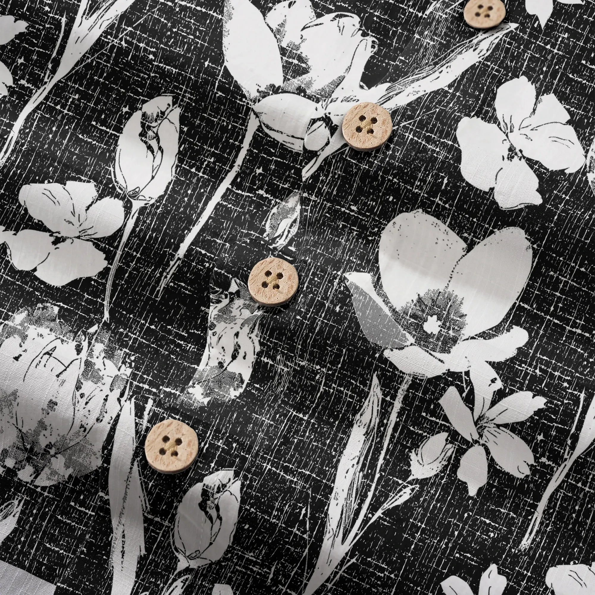 LeosWare® Flower Men's Hawaiian Shirt Short Sleeve Button-up 100% Cotton Black Aloha Ink Strokes And Flower Traces