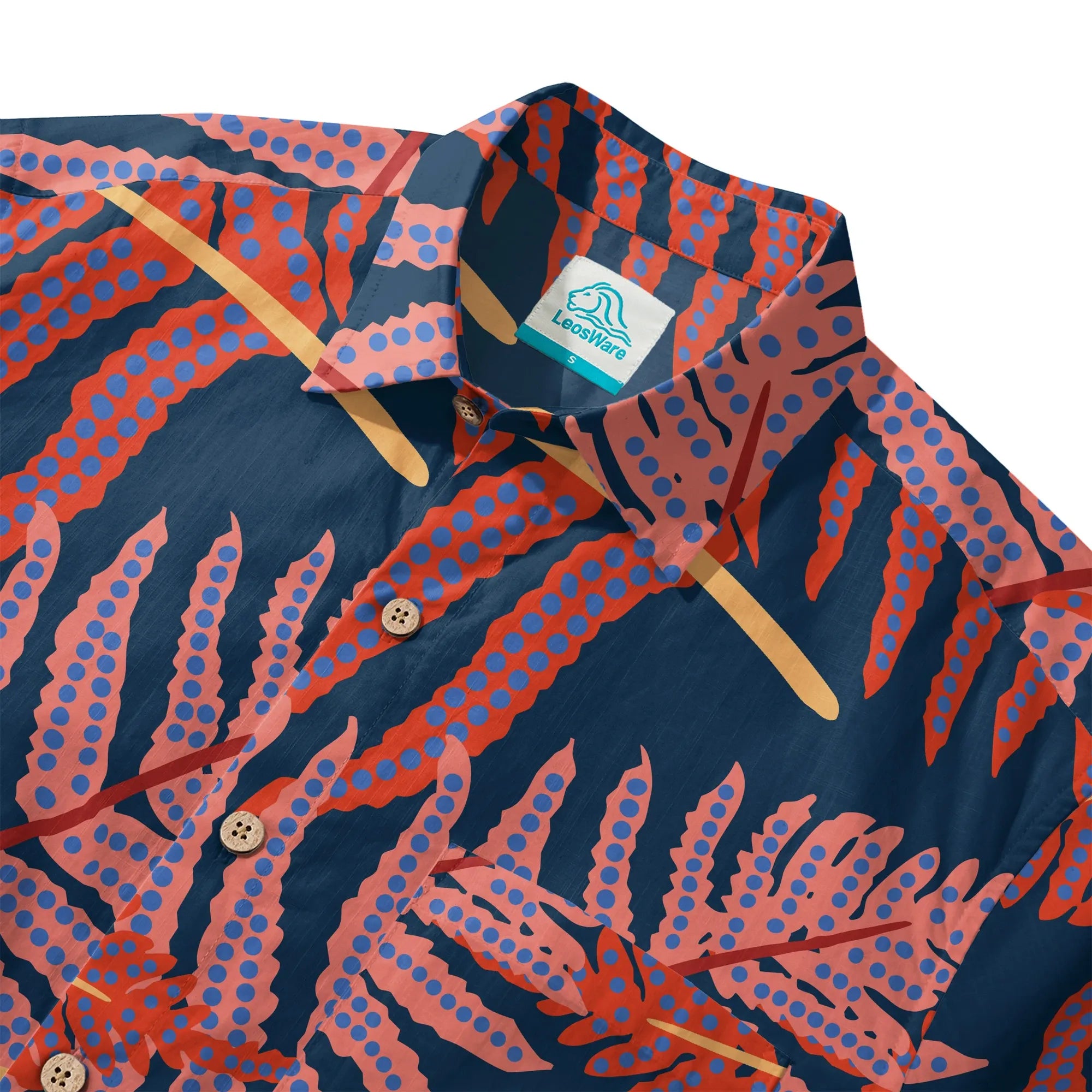 LeosWare® Plant Men's Hawaiian Shirt Short Sleeve Button-up 100% Cotton Blue Aloha Red Fern Night Shadows