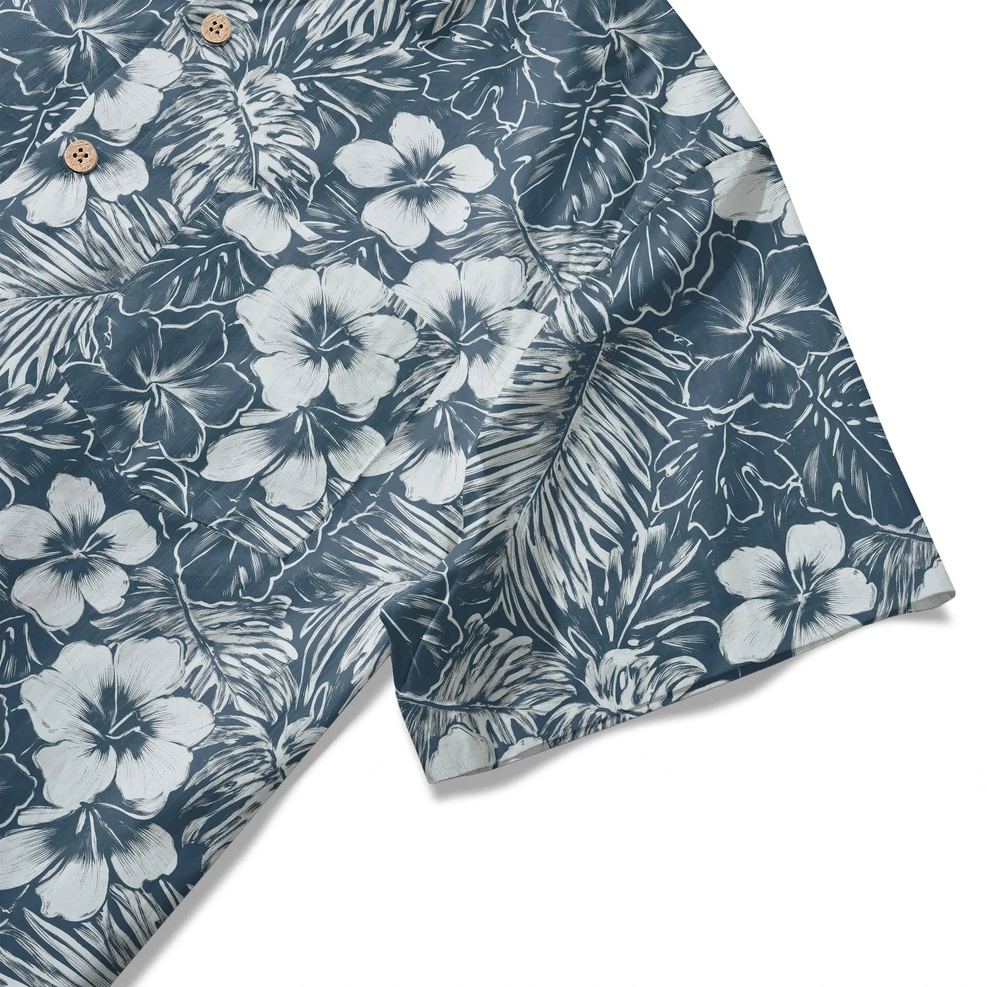 LeosWare® Hibiscus Flower Men's Hawaiian Shirt Short Sleeve Button-up 100% Cotton Blue Aloha Blue Ink Flower Shadows