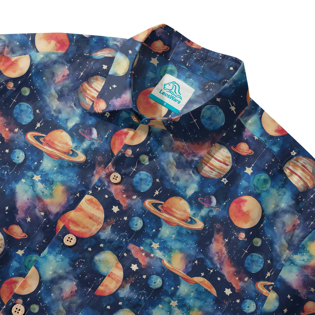 LeosWare® Men's Hawaiian Shirt Short Sleeve Button-up 100% Cotton Blue Aloha Starry Journey