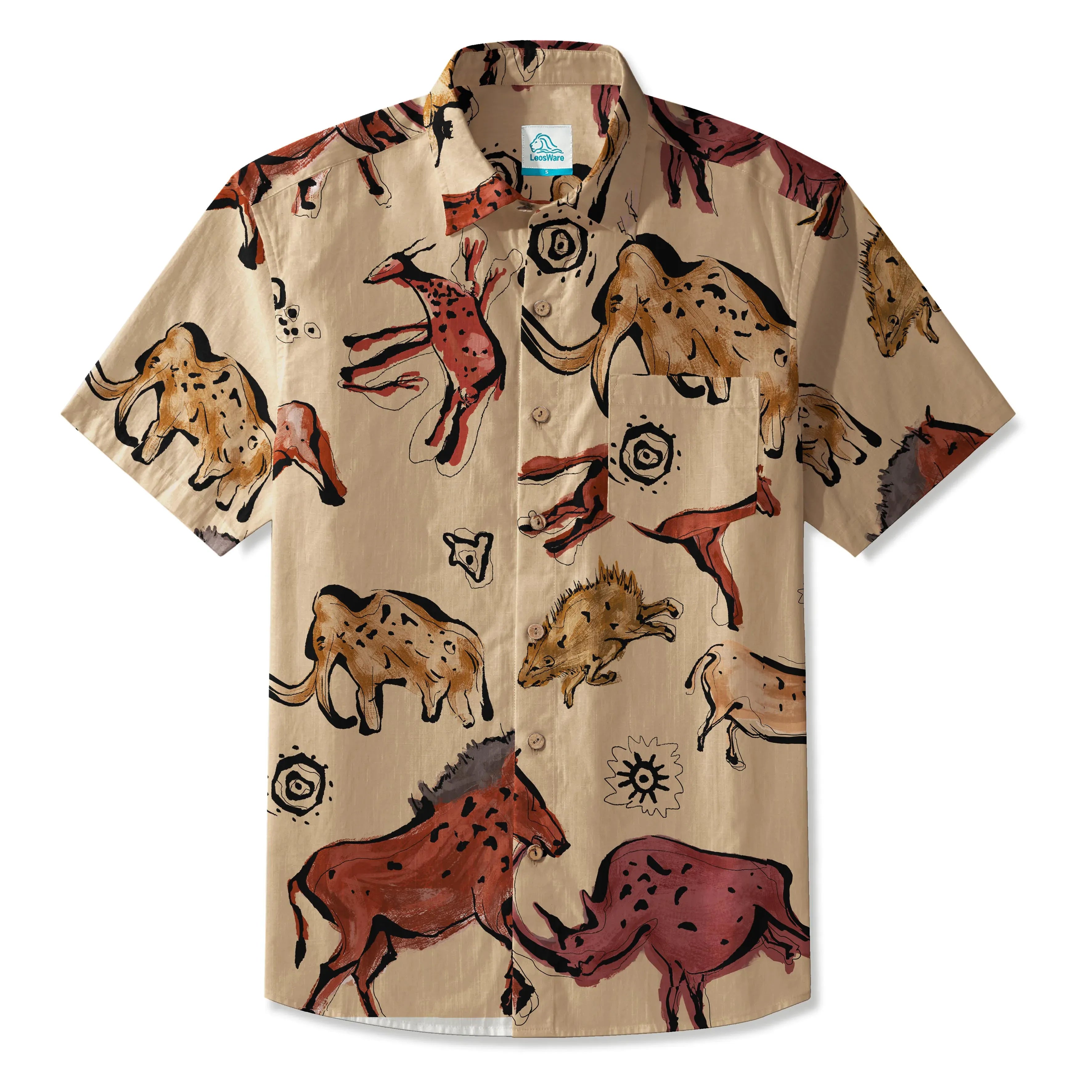 LeosWare® Men's Hawaiian Shirt Short Sleeve Button-up 100% Cotton Red Aloha Vintage Cave Art Print