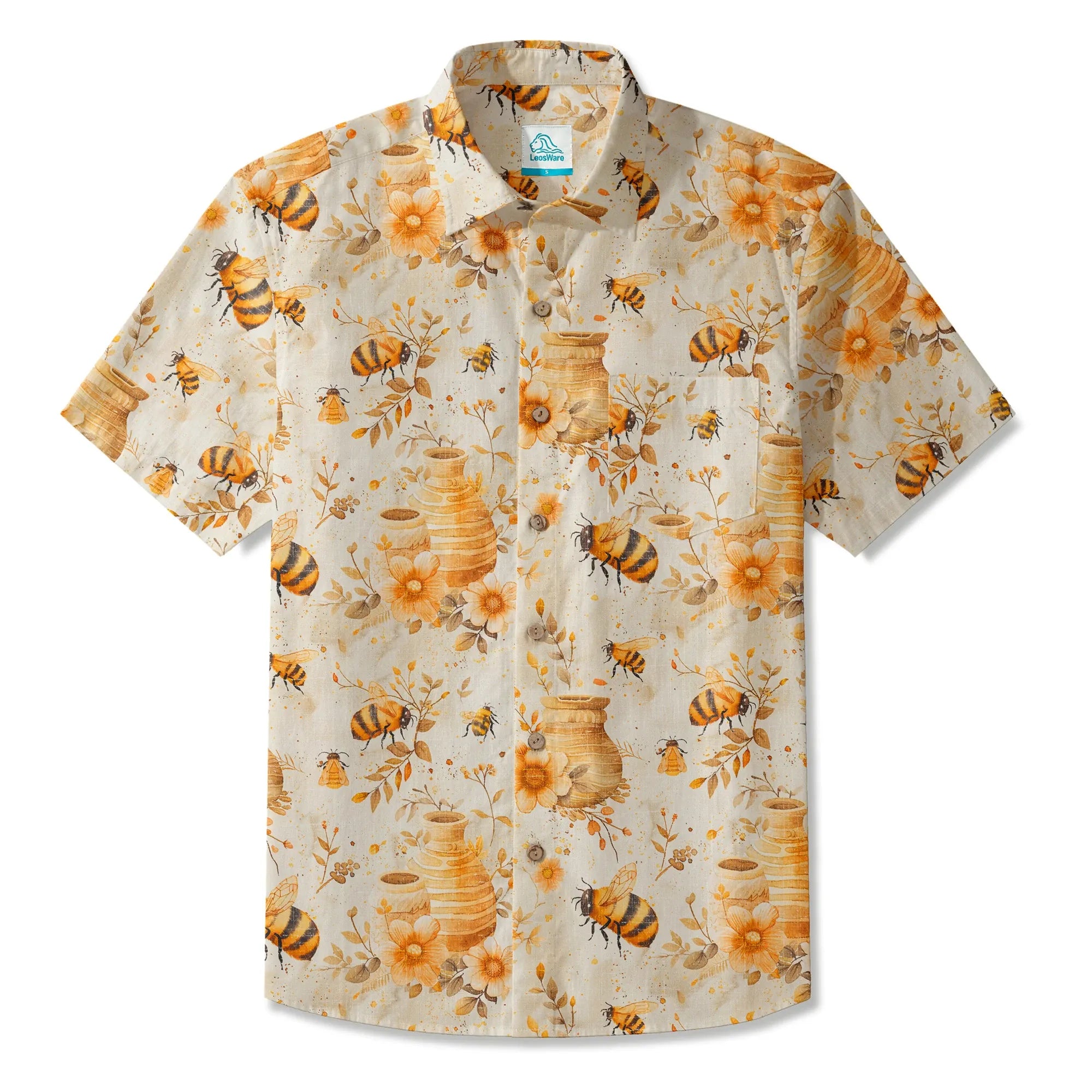 LeosWare® Men's Hawaiian Shirt Short Sleeve Button-up 100% Cotton Yellow Aloha Autumn Harvest In The Honey Garden Bee
