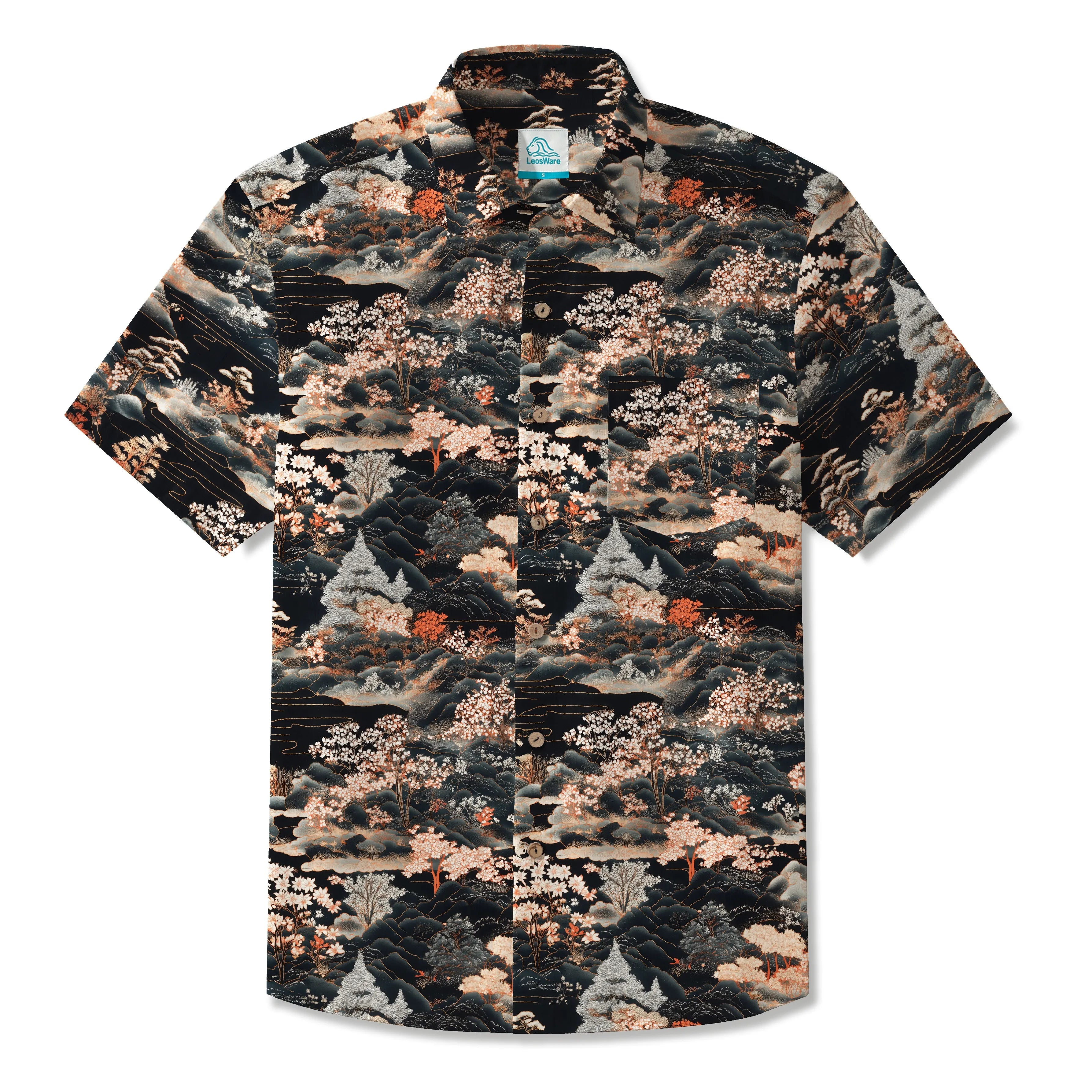 LeosWare® Men's Hawaiian Shirt Short Sleeve Button-up 100% Cotton Black Aloha Eastern Art Landscape