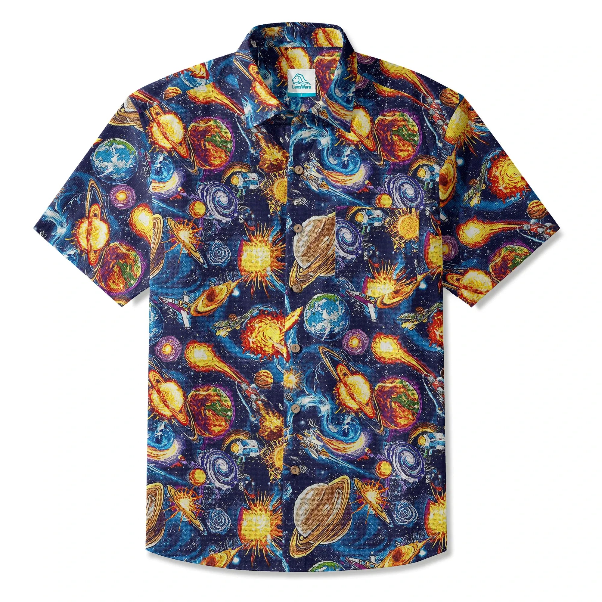 LeosWare® Men's Hawaiian Shirt Short Sleeve Button-up 100% Cotton Blue Aloha Journey Across The Stars