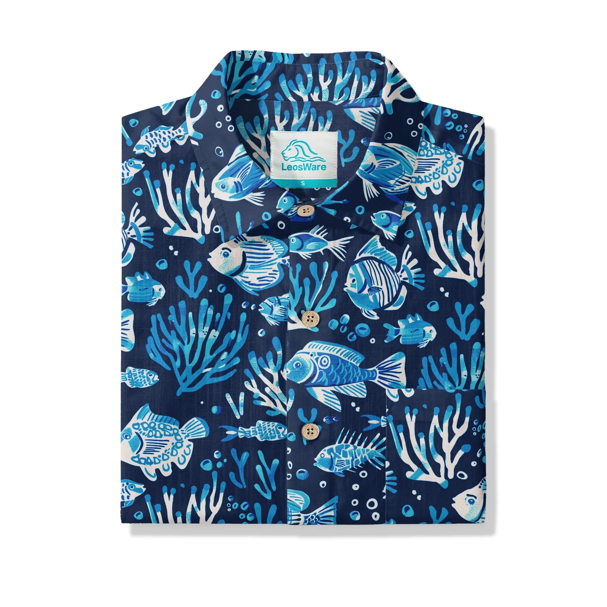 LeosWare® Men's Hawaiian Shirt Short Sleeve Button-up 100% Cotton Blue Coral Aloha Deep Blue Fish Whisper