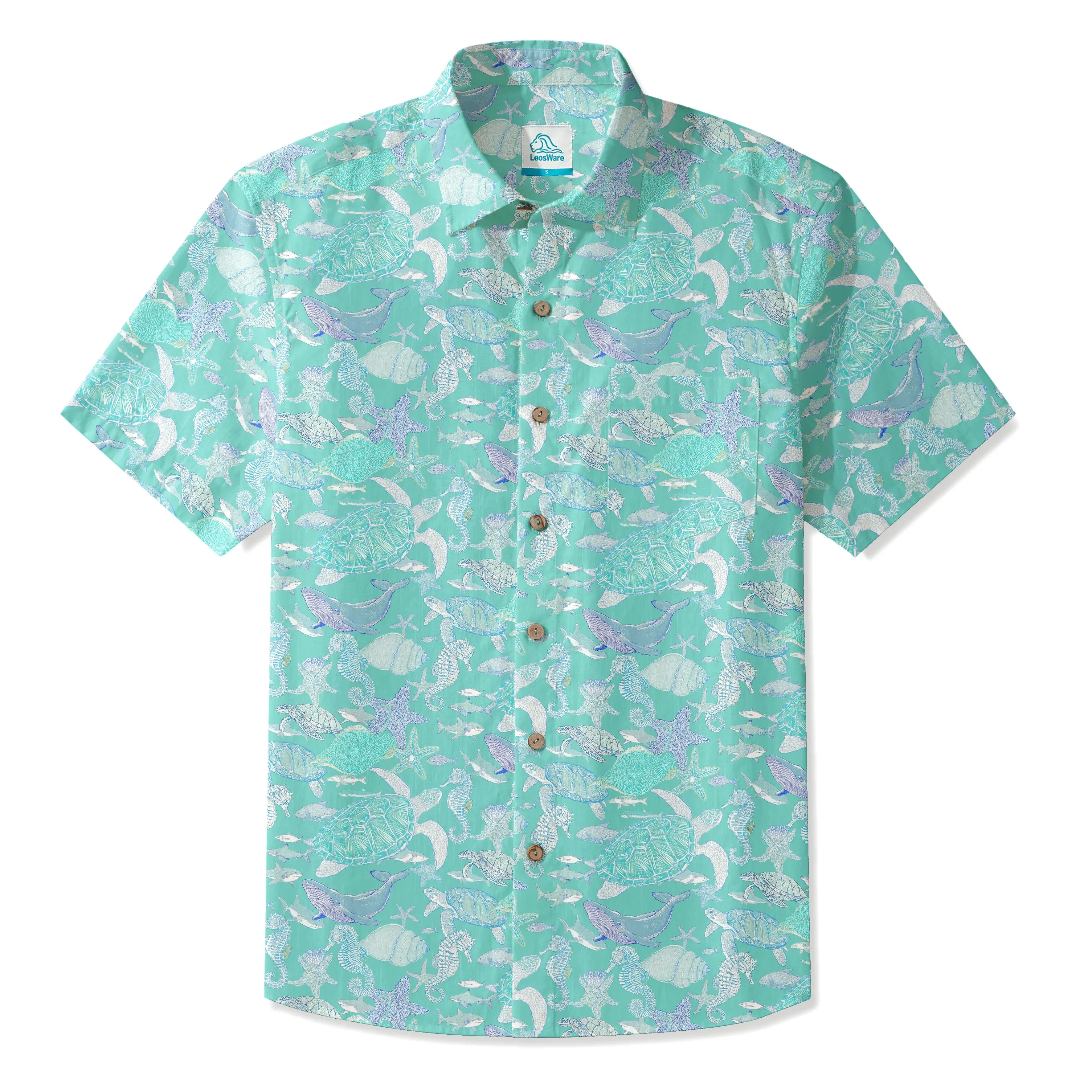 LeosWare® Men's Hawaiian Shirt Short Sleeve Button-up 100% Cotton Blue Aloha Azure Islet Sea Turtle