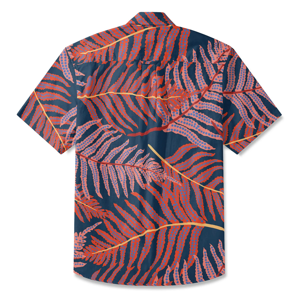 LeosWare® Plant Men's Hawaiian Shirt Short Sleeve Button-up 100% Cotton Blue Aloha Red Fern Night Shadows