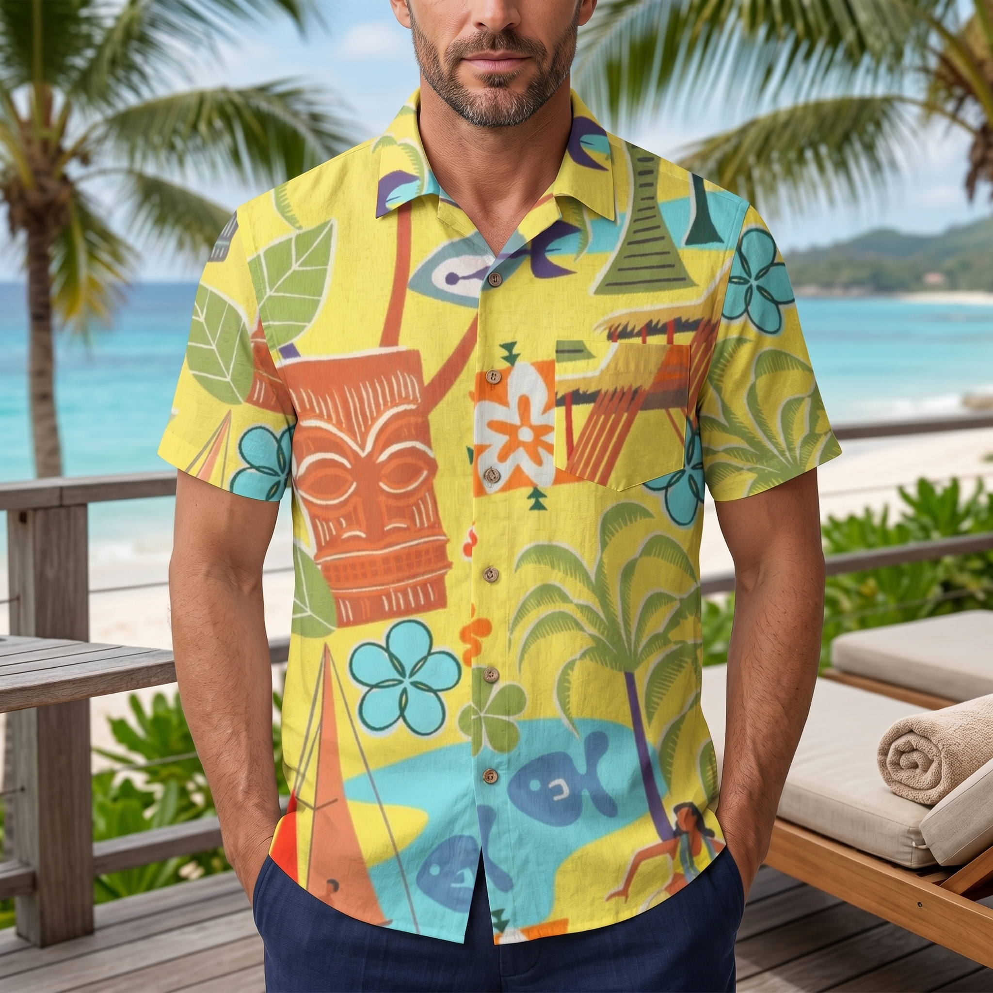 LeosWare® Men's Hawaiian Shirt Short Sleeve Button-up 95% Polyester, 5% Spandex Aloha Tiki Voyage