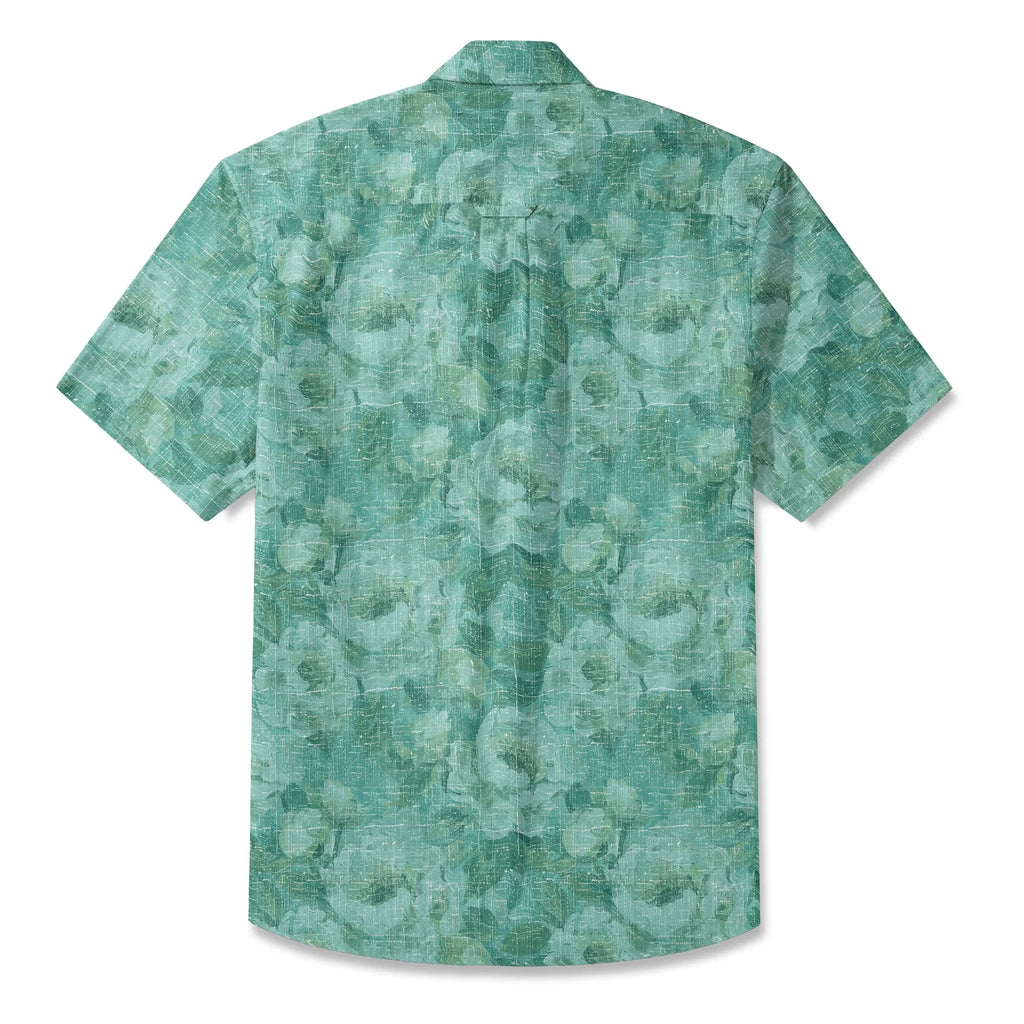 LeosWare® Men's Hawaiian Shirt Short Sleeve Button-up 100% Cotton Aloha Blue Mist Flower Silhouette