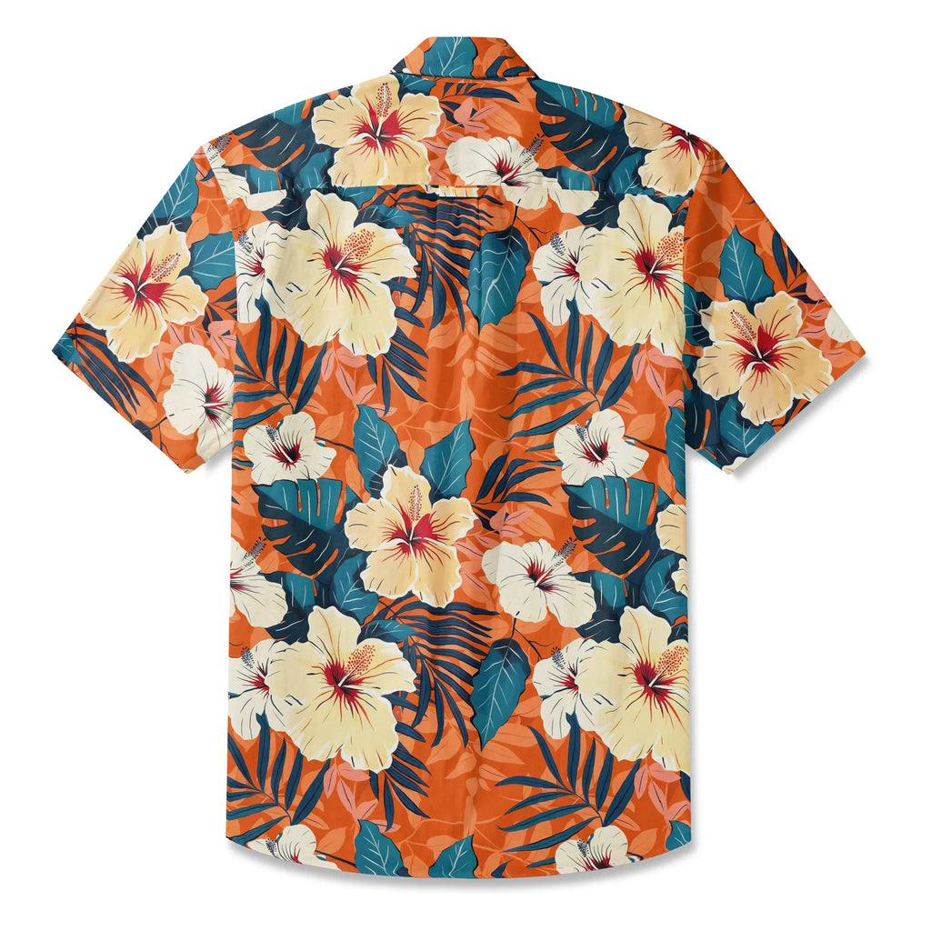 LeosWare® Men's Hawaiian Shirt Short Sleeve Button-up 100% Cotton Orange Aloha Blooming Orange Hibiscus