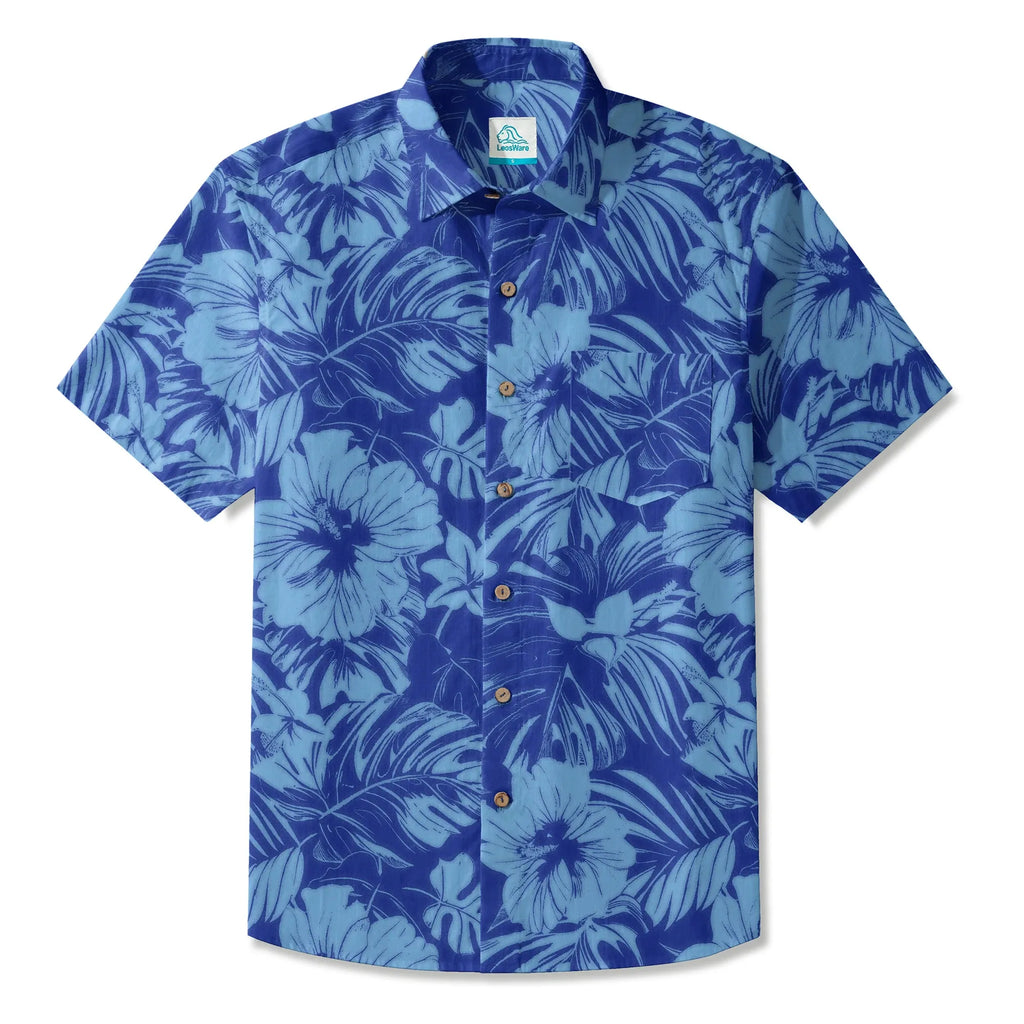 LeosWare® Hibiscus Flower Men's Hawaiian Shirt Short Sleeve Button-up 100% Cotton Blue Aloha Blue Serenity