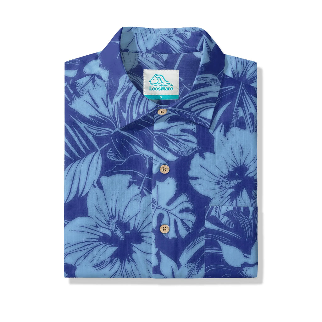 LeosWare® Hibiscus Flower Men's Hawaiian Shirt Short Sleeve Button-up 100% Cotton Blue Aloha Blue Serenity