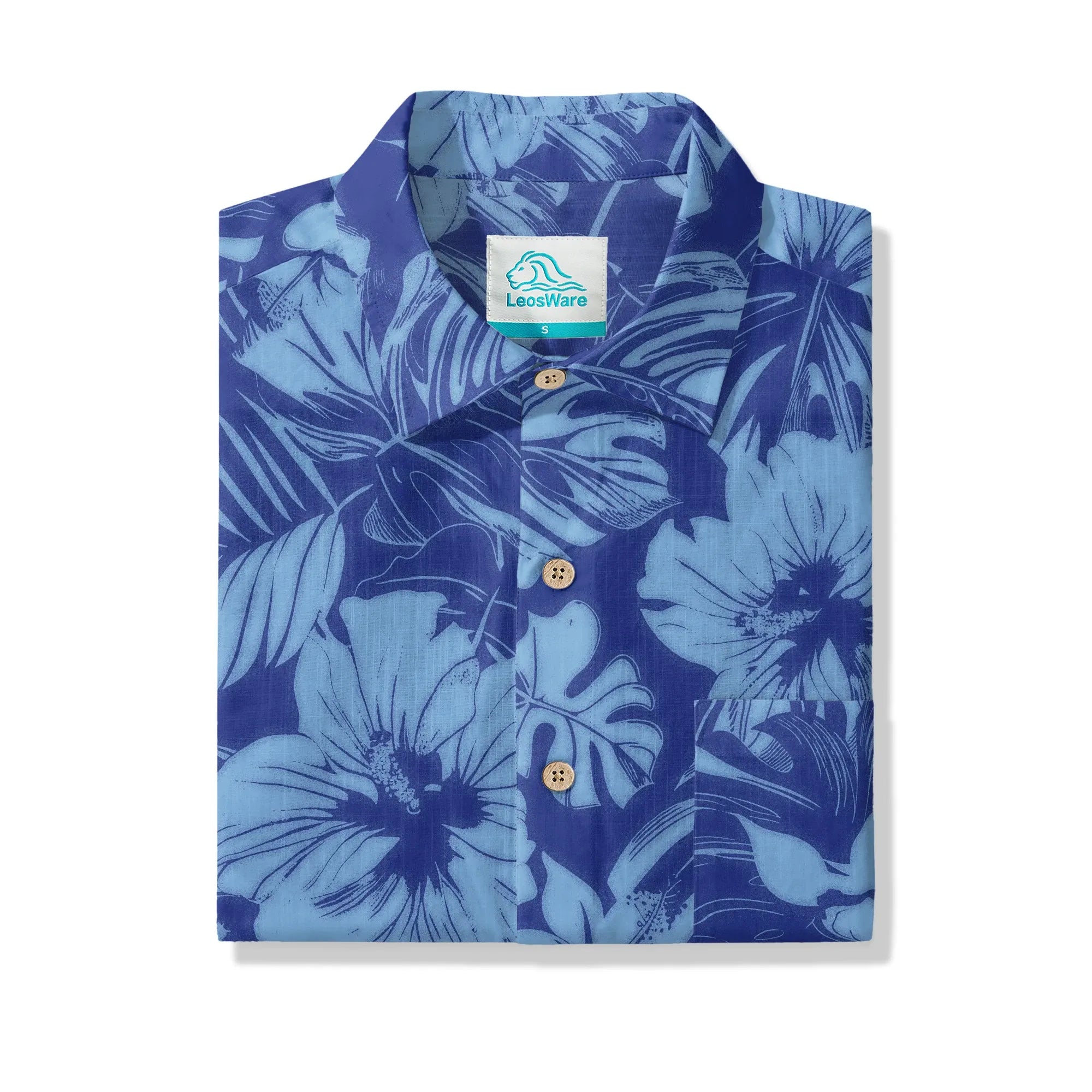LeosWare® Hibiscus Flower Men's Hawaiian Shirt Short Sleeve Button-up 100% Cotton Blue Aloha Blue Serenity