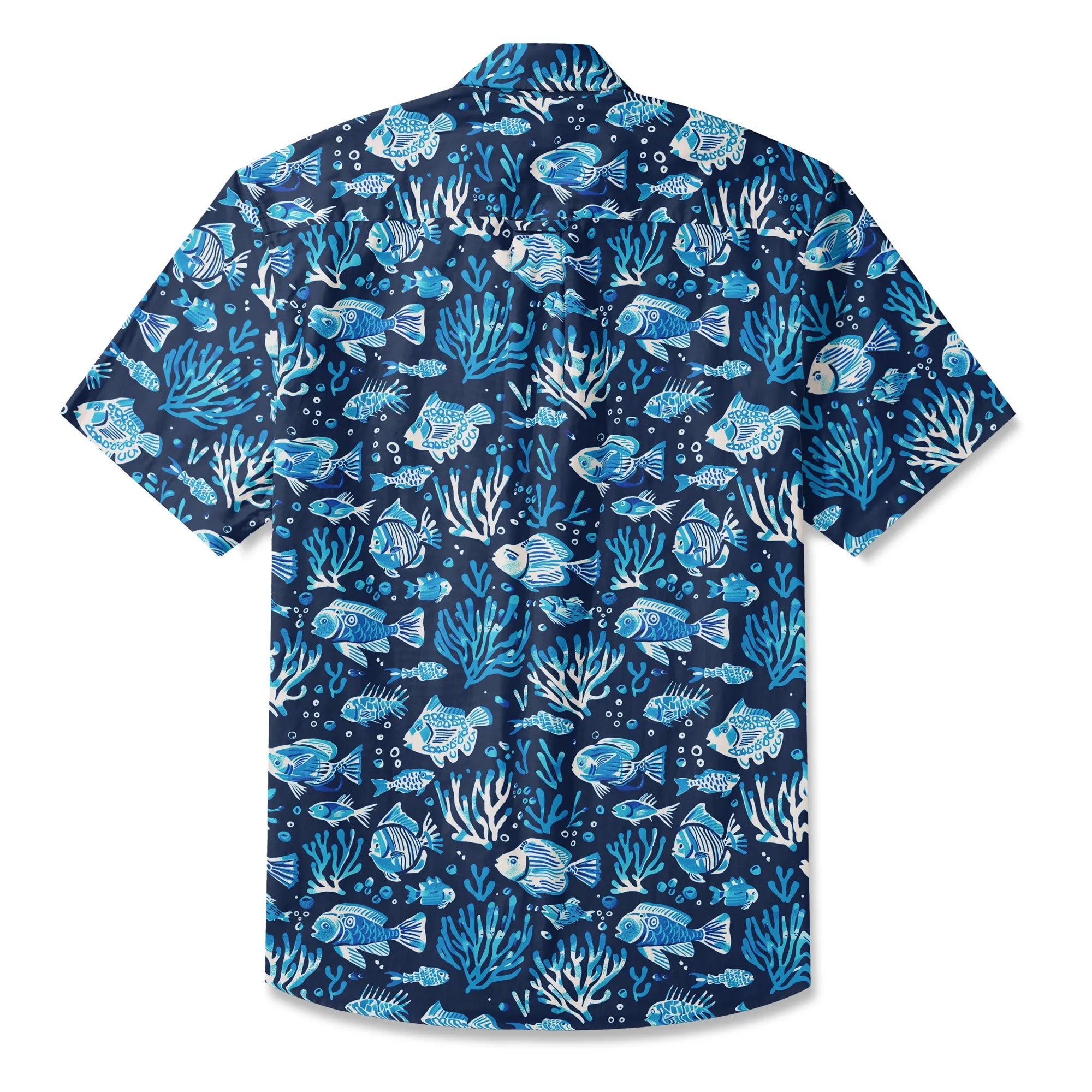 LeosWare® Men's Hawaiian Shirt Short Sleeve Button-up 100% Cotton Blue Coral Aloha Deep Blue Fish Whisper