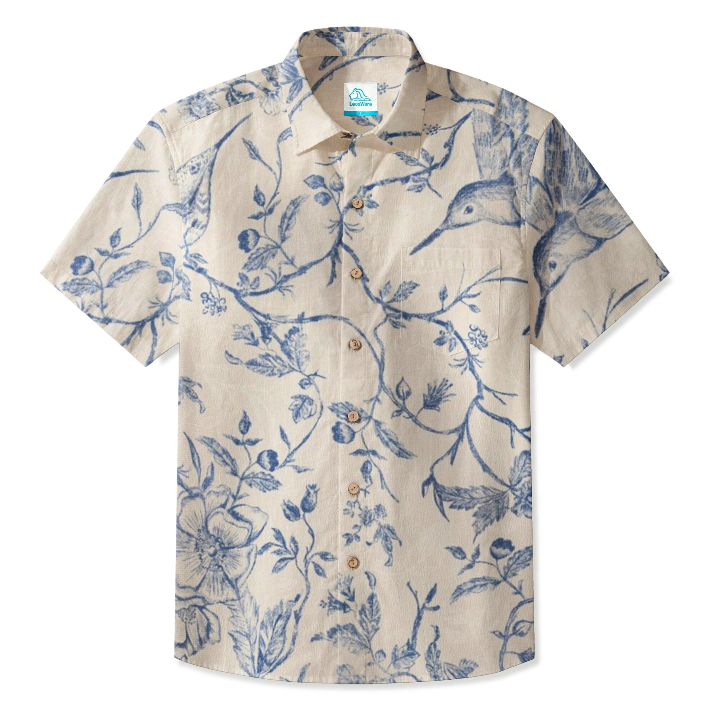 LeosWare® Men's Hawaiian Shirt Short Sleeve Button-up Breathable & Quick-Dry Aloha Garden In Blue