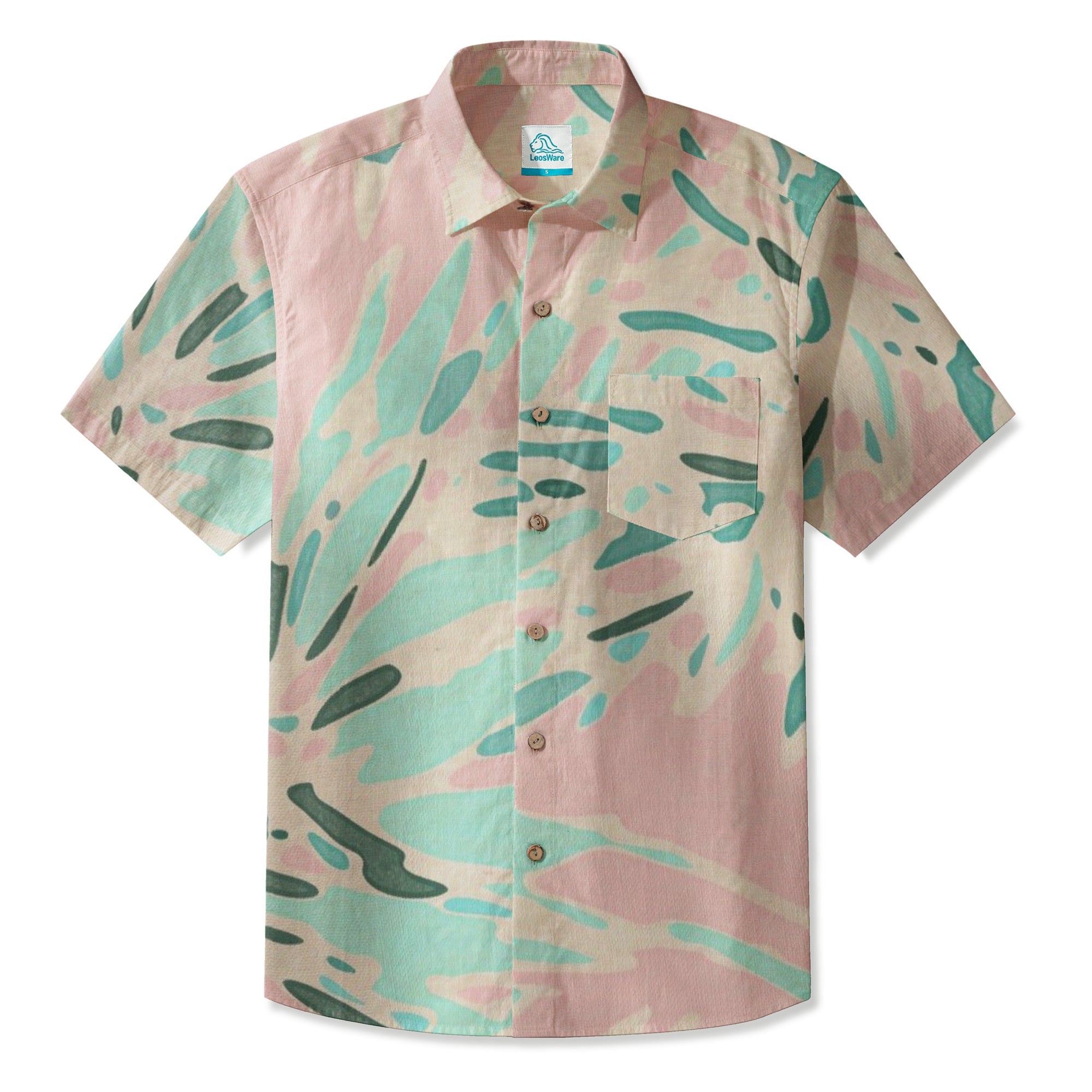 LeosWare® Men's Hawaiian Shirt Short Sleeve Button-up 95% Polyester, 5% Spandex Aloha Tide Breaker