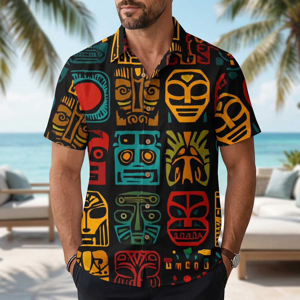 LeosWare® Men's Hawaiian Shirt Short Sleeve Button-up Breathable & Quick-Dry Aloha Tiki Bricks
