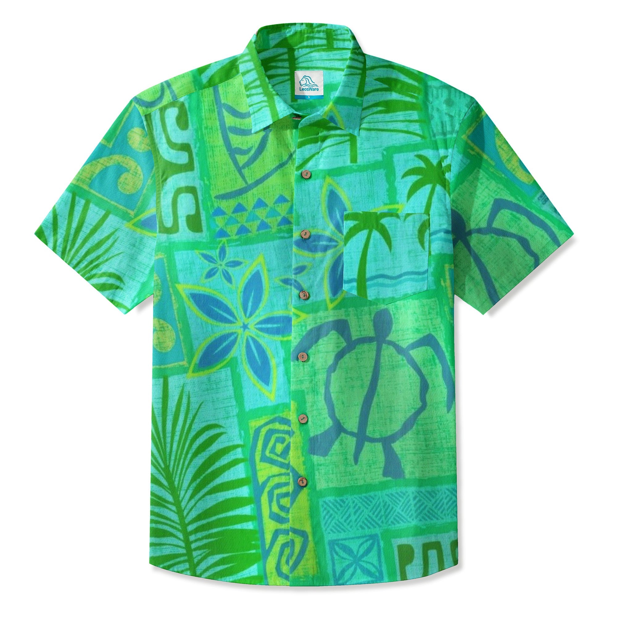 LeosWare® Men's Hawaiian Shirt Short Sleeve Button-up Breathable & Quick-Dry Aloha Tiki Mood(Mint Green)