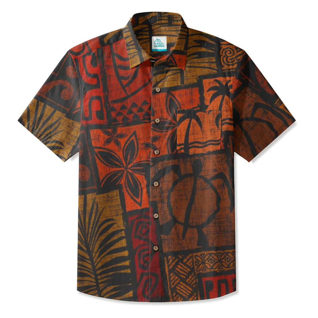 LeosWare® Men's Hawaiian Shirt Short Sleeve Button-up Breathable & Quick-Dry Aloha Tiki Mood(Burnt Orange)