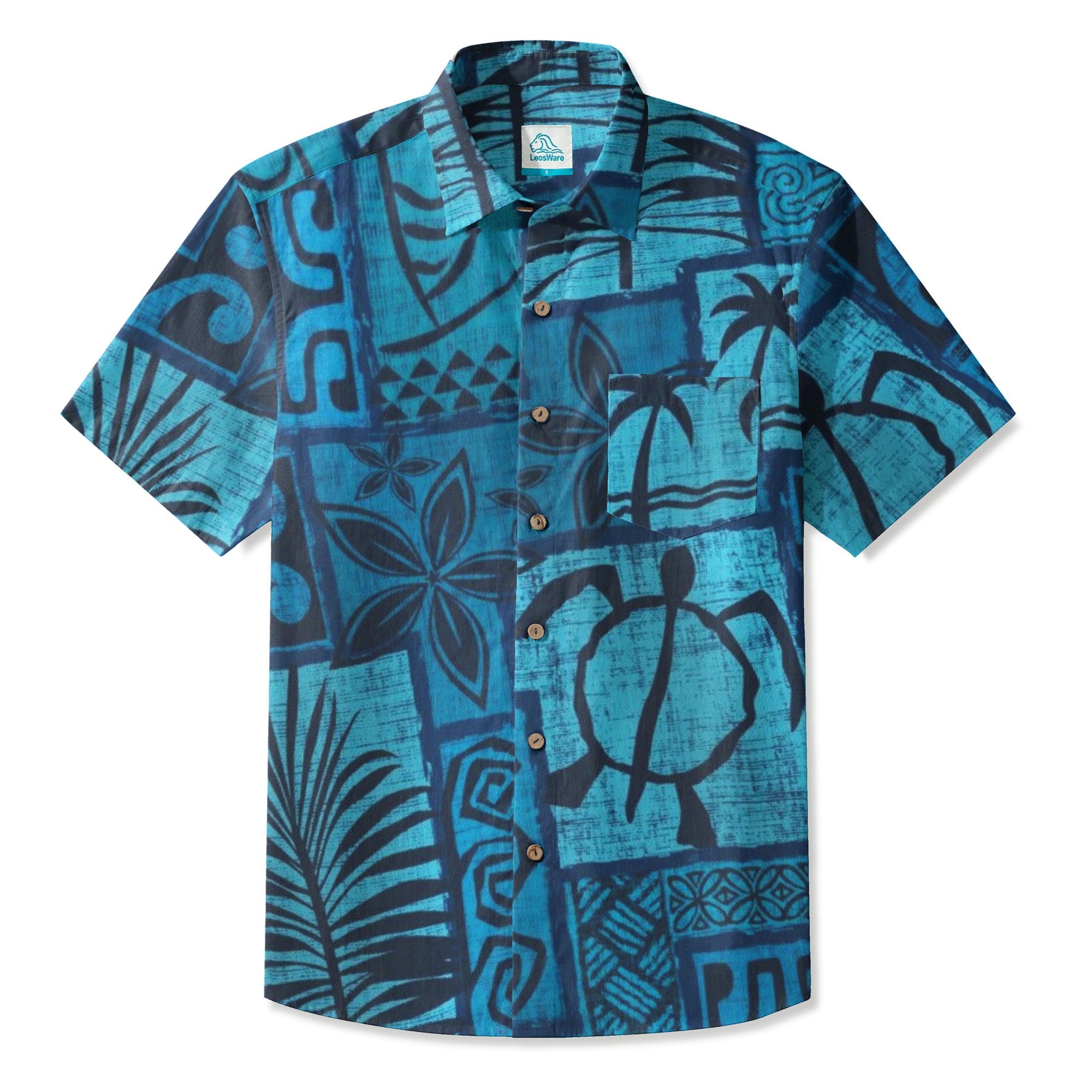 LeosWare® Men's Hawaiian Shirt Short Sleeve Button-up Breathable & Quick-Dry Aloha Tiki Mood(Midnight Blue)