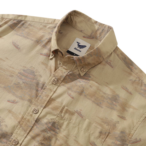 1920s Vintage Men's Hawaiian Shirt Serenity along the Riverbank Cotton Button-down Short Sleeve Aloha Shirt