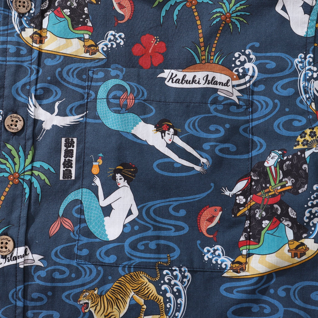 Men's Hawaiian Shirt Aloha Kabuki Print BY Julia Madoka Cotton Button-down Short Sleeve Aloha Shirt