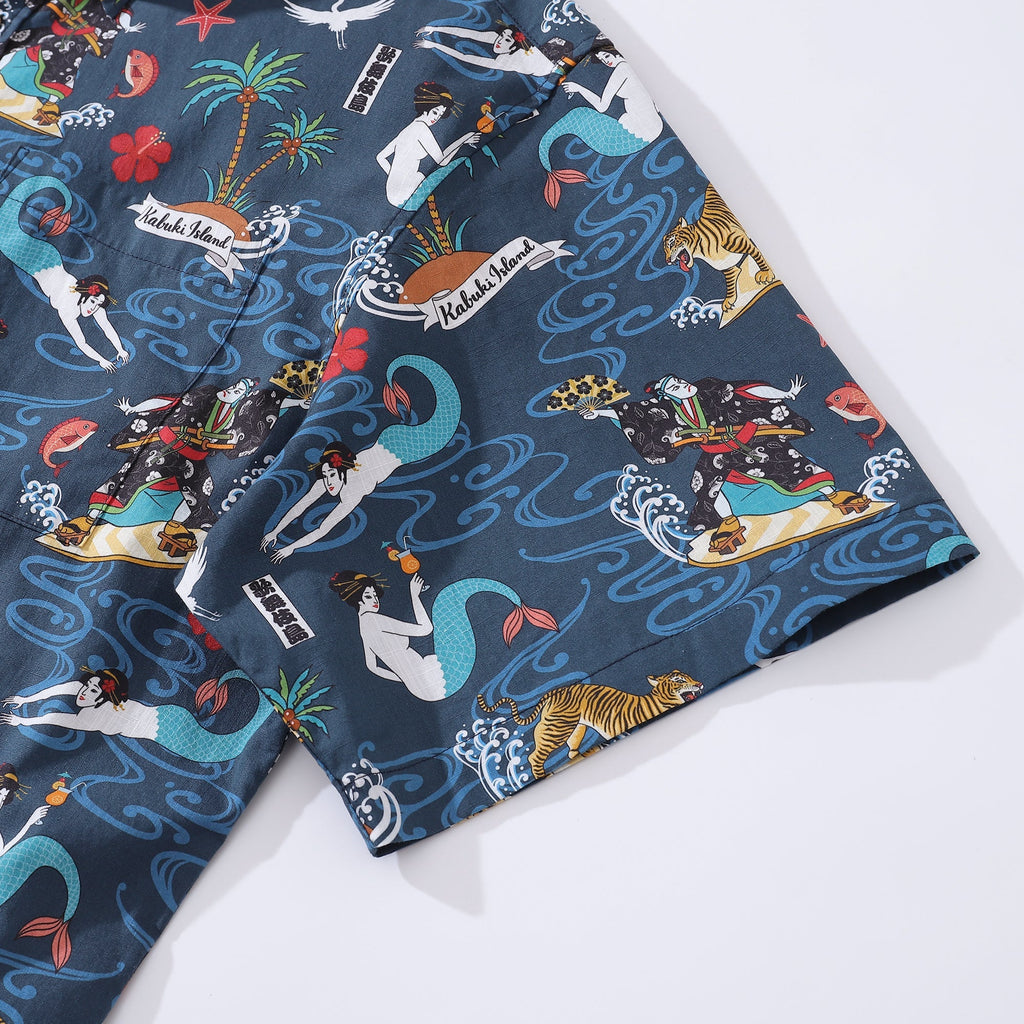 Men's Hawaiian Shirt Aloha Kabuki Print BY Julia Madoka Cotton Button-down Short Sleeve Aloha Shirt