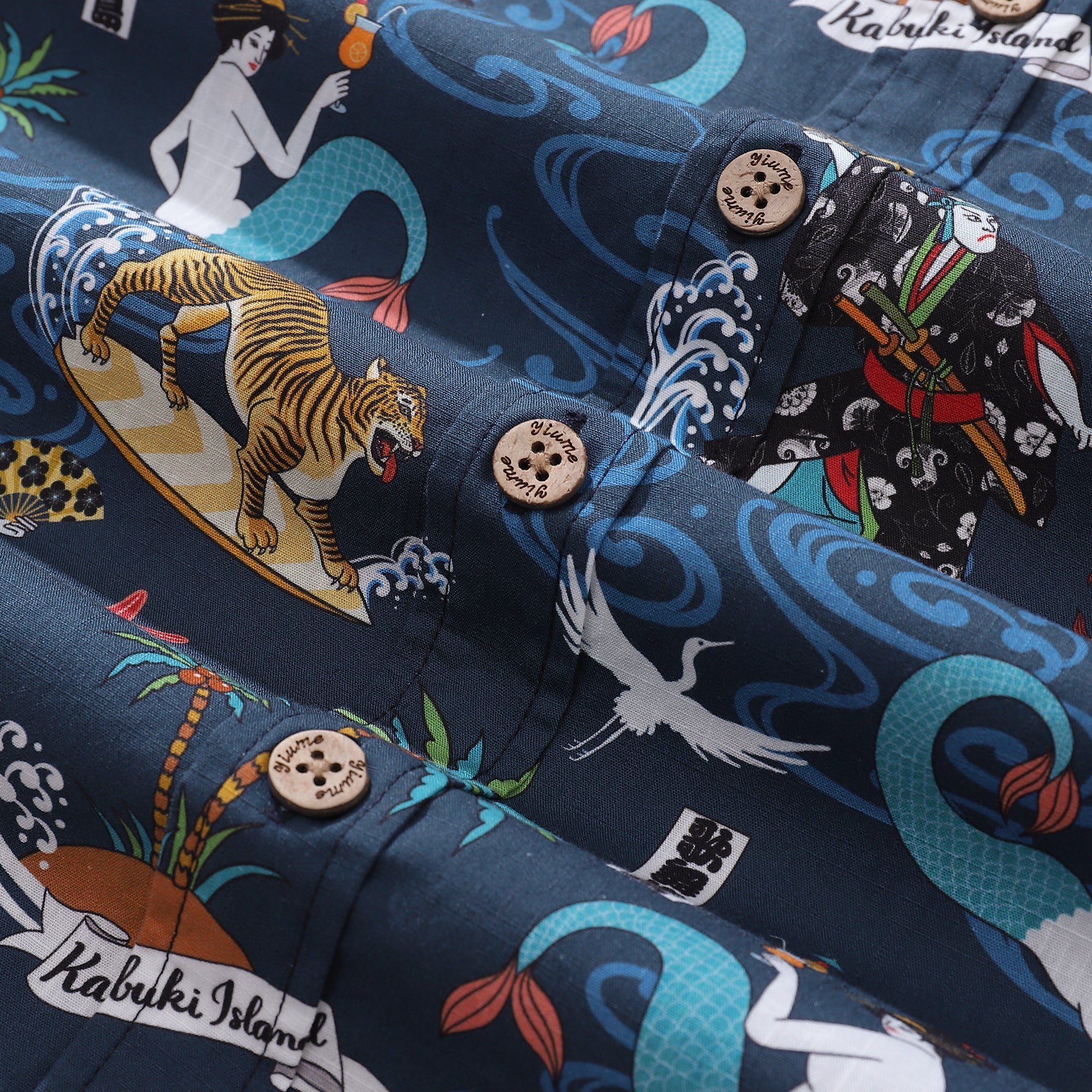 Men's Hawaiian Shirt Aloha Kabuki Print BY Julia Madoka Cotton Button-down Short Sleeve Aloha Shirt