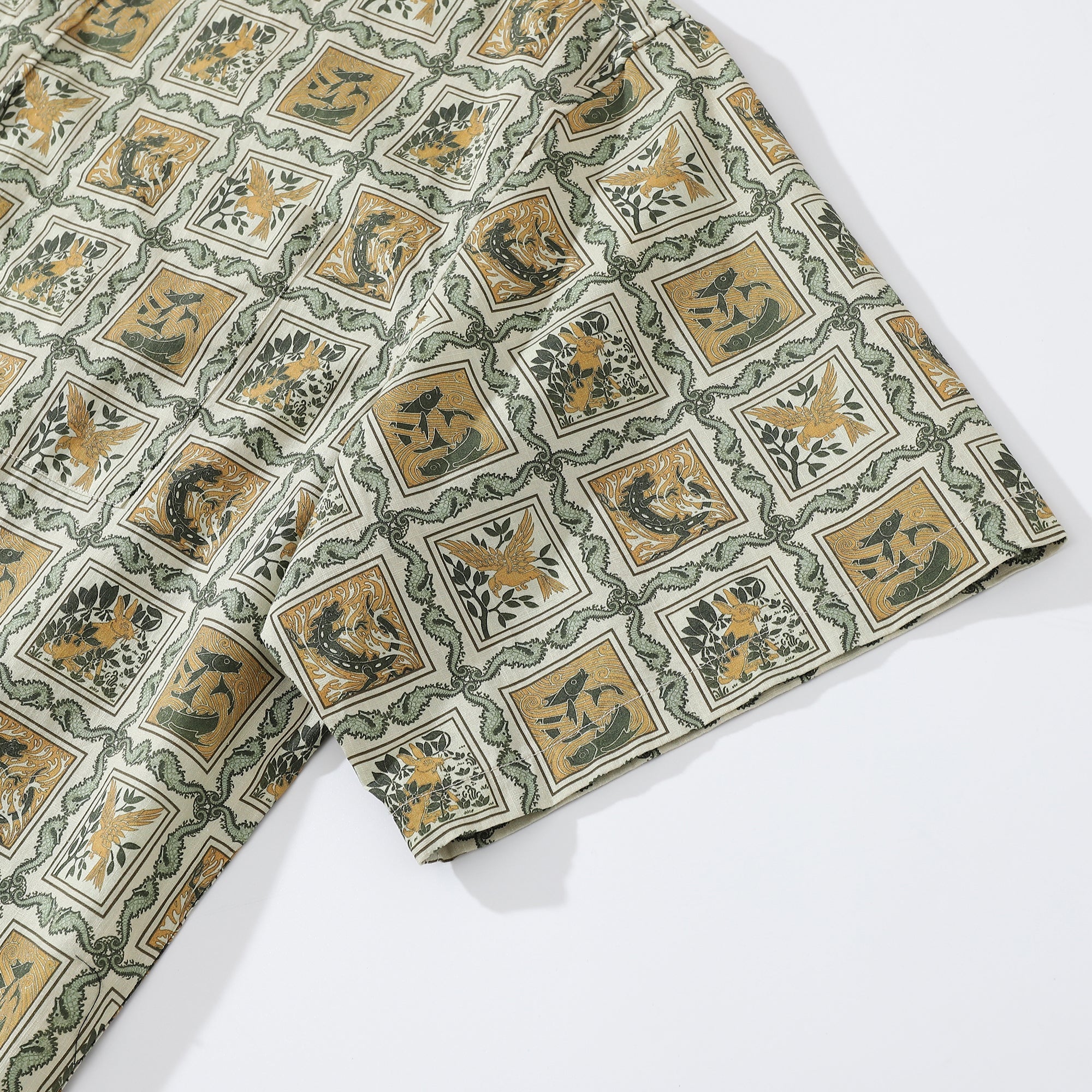 Men's Hawaiian Seahorse Grid and Animal Print 100% Cotton Short Sleeve Shirt - Orange