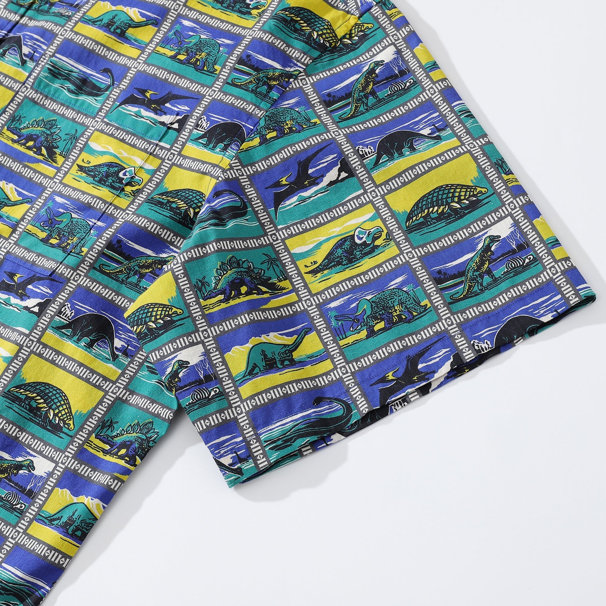 Hawaiian Shirts for Men Retro Dinosaur Stamp Collection 100% Cotton Short-Sleeve