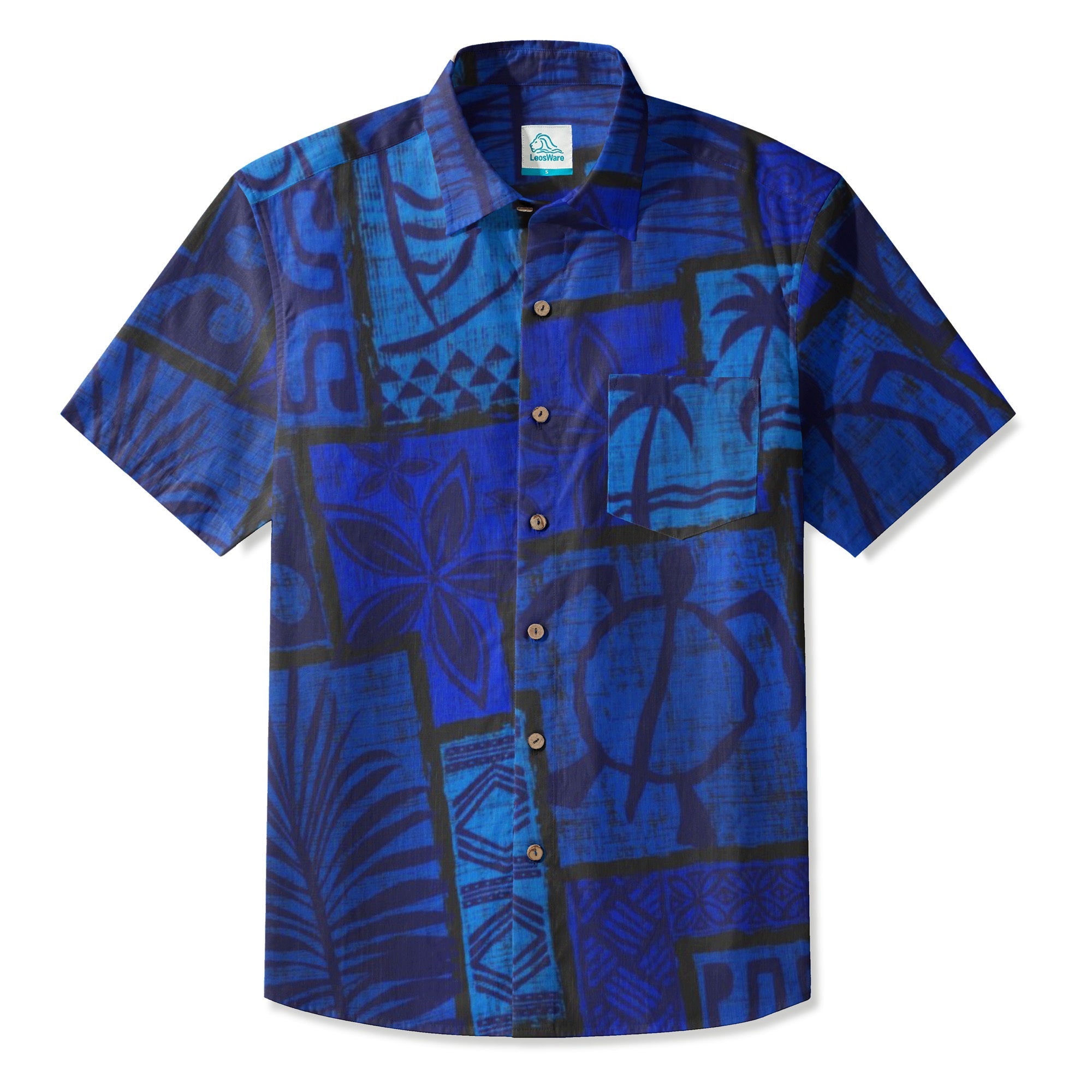 LeosWare® Men's Hawaiian Shirt Short Sleeve Button-up Breathable & Quick-Dry Aloha Tiki Mood(Midnight Blue)