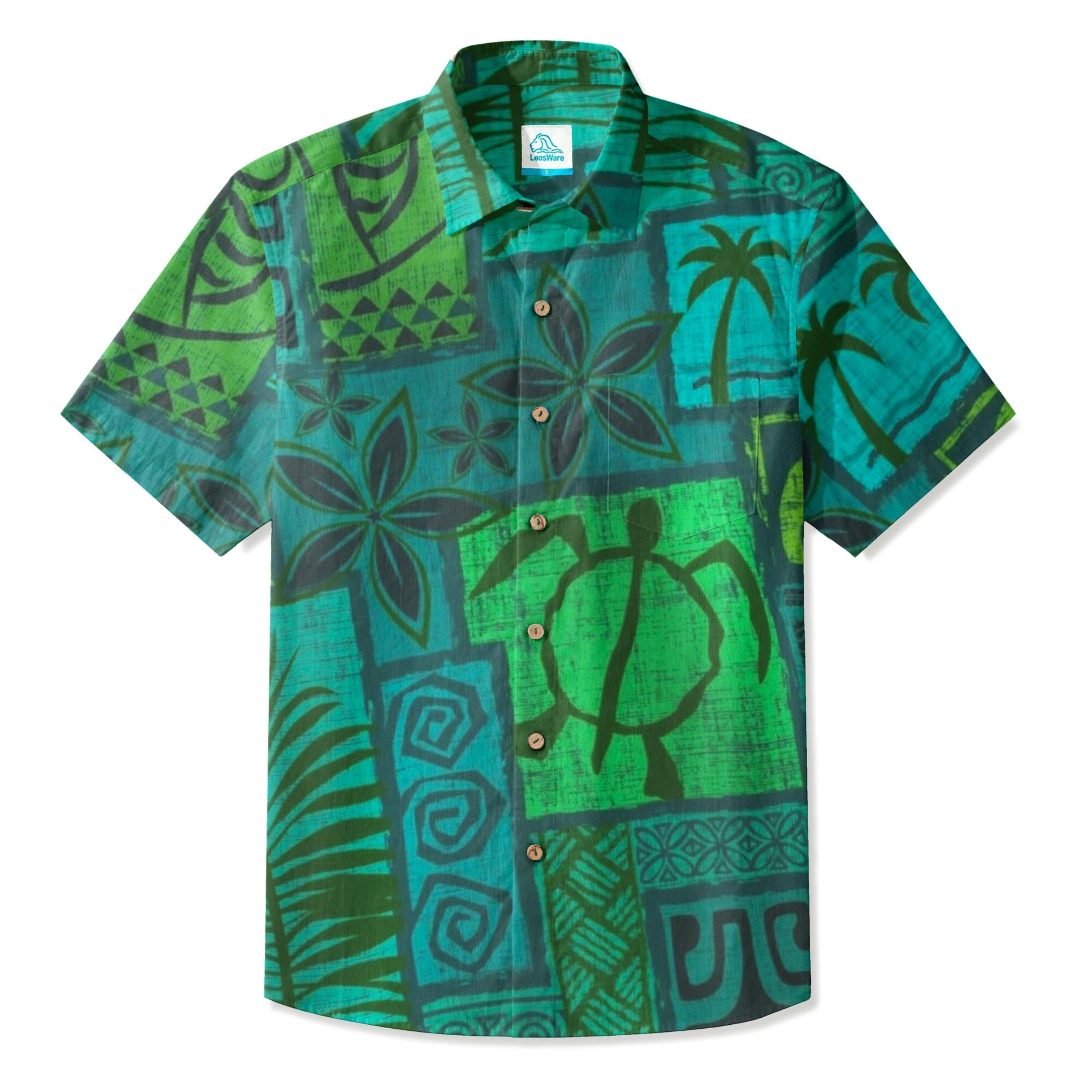LeosWare® Men's Hawaiian Shirt Short Sleeve Button-up Breathable & Quick-Dry Aloha Tiki Mood(island Blue)