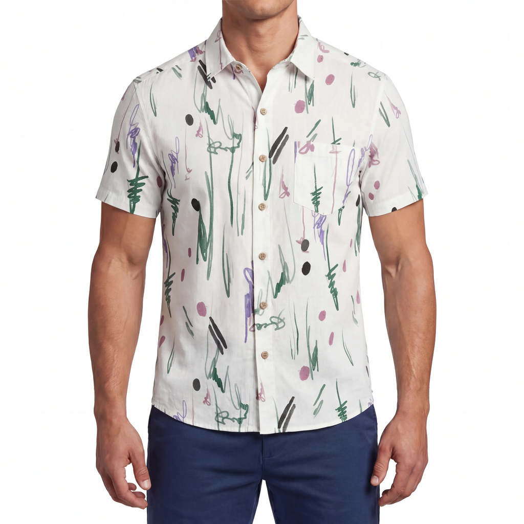 LeosWare® Men's Hawaiian Shirt Short Sleeve Button-up 100% Cotton Green Aloha Whimsical Traces