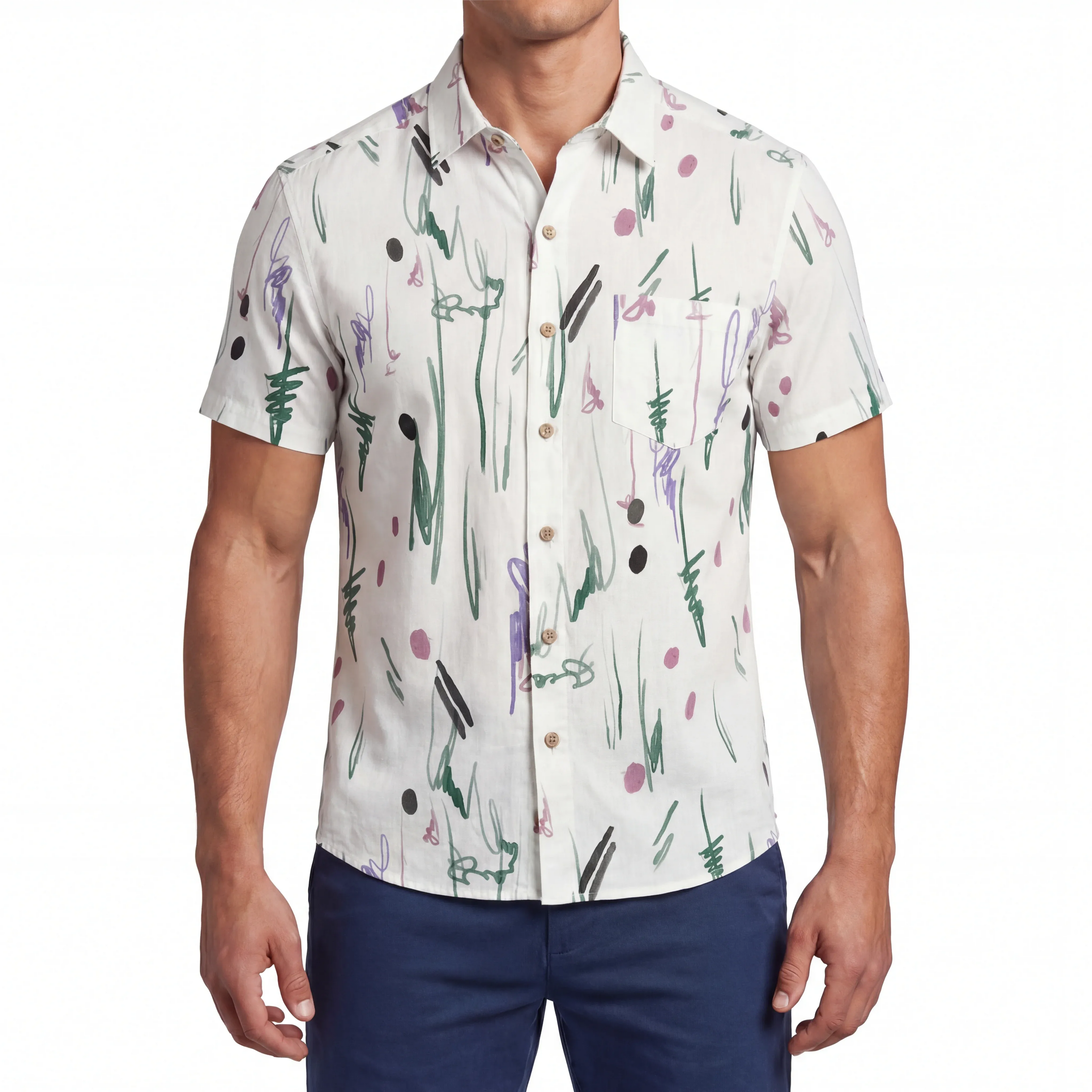 LeosWare® Men's Hawaiian Shirt Short Sleeve Button-up 100% Cotton Green Aloha Whimsical Traces