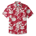 LeosWare® Flower Men's Hawaiian Shirt Short Sleeve Button-up 100% Cotton Red Aloha Crimson Blossom Harmony