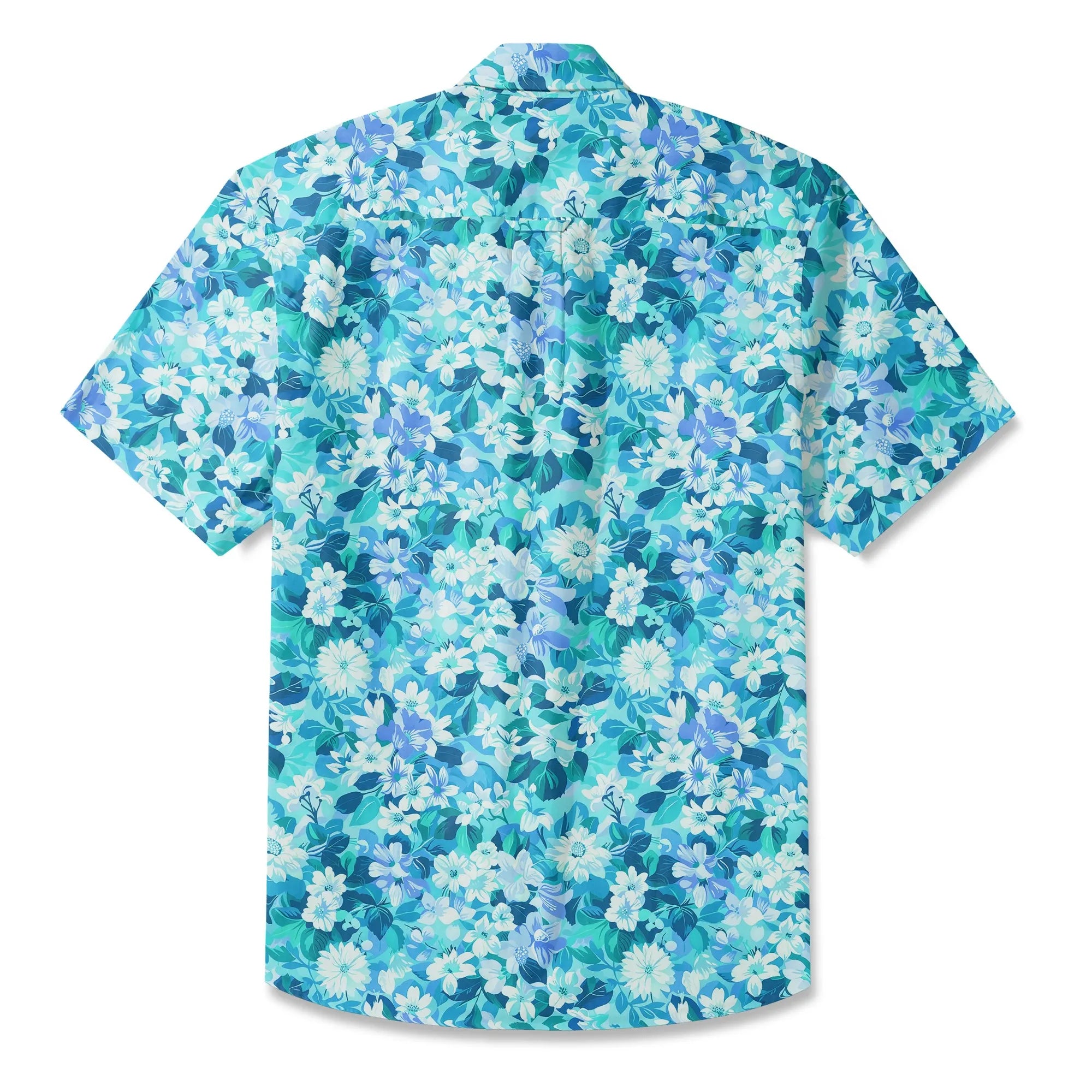 LeosWare® Flower Men's Hawaiian Shirt Short Sleeve Button-up 100% Cotton Blue Aloha Blue Oasis